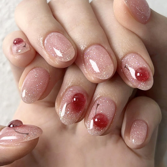 Oval Press On Nails Short – Pink Glitter Jelly Fake Nails with Cherry Accent, Glossy Acrylic Stick On Nails, Reusable 24PCS False Nails Kit with Glue & Tools for Women