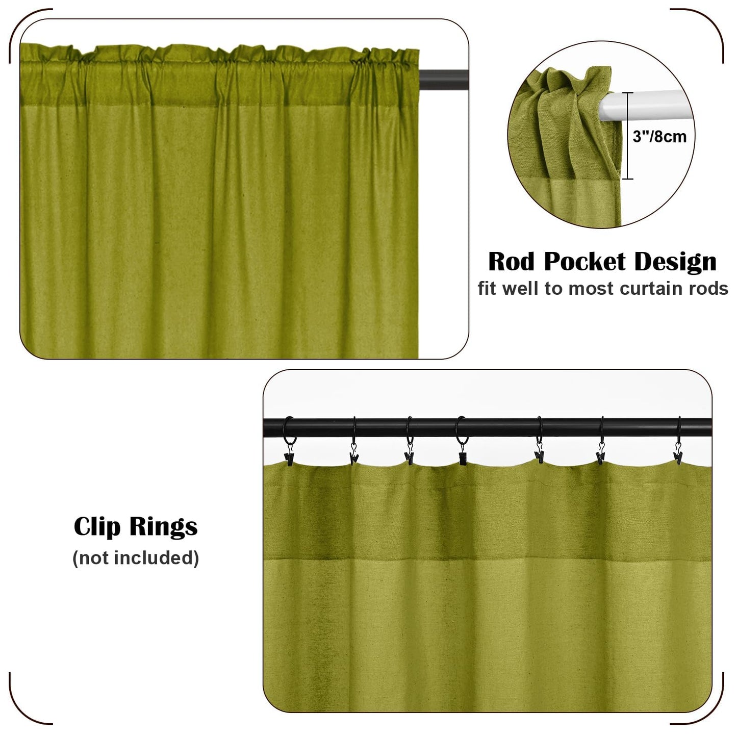 FRAMICS Farmhouse Valance Curtains, Boho Cotton Linen Kitchen Valance, Fresh Green Rustic Button Window Valances for Kitchen Bathroom, Rod Pocket Valances for Windows, Fresh Green, 52 x 18 Inch