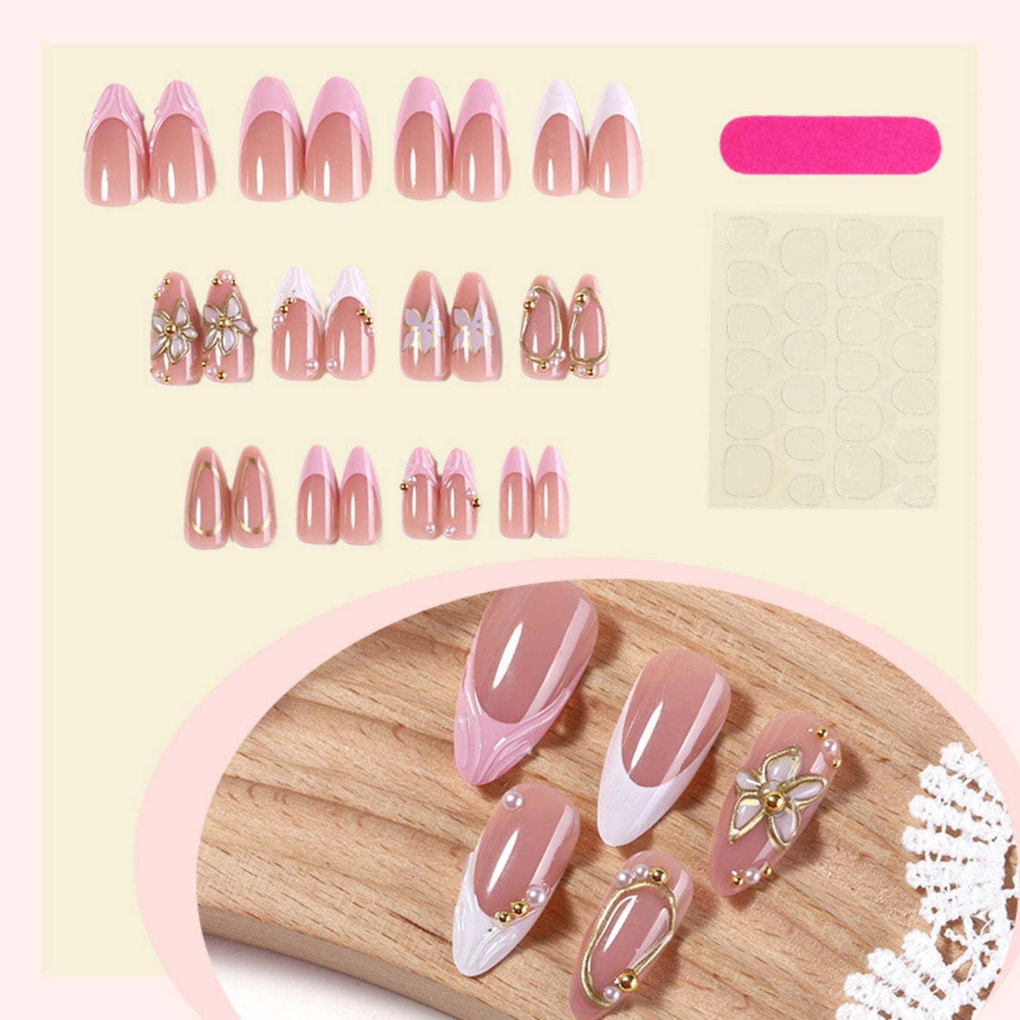 octoswave Press on Nails Medium Almond Fake Nails White French Artificial Nail with 3D Flowers Designs Stick on Nail for Women 24pcs