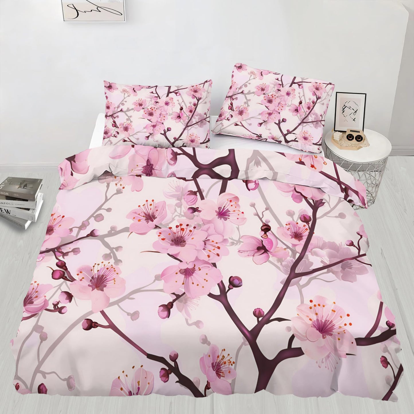 QINYUN Pink Floral Duvet Cover Oversized King, Cherry Blossoms Bedding Set 3 Piece, Girl Pink Flowers Duvet Cover with Zipper & Ties, 2 Pillowcases