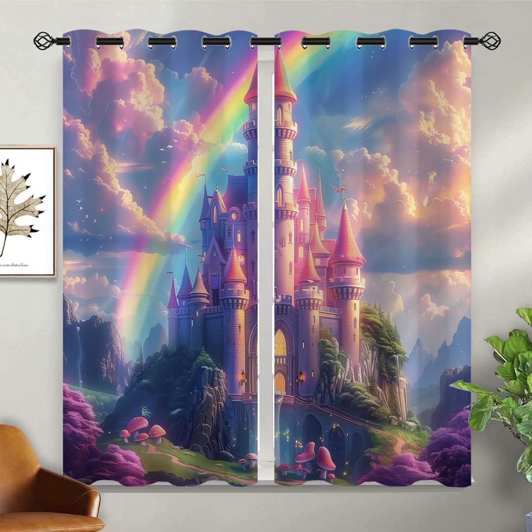 XINBADU Princess Castle Blackout Curtains for Girls Boy Home Decor, Rainbow Fairy Tale World Mushroom Grommet Thermal Insulated Drapes Darkening Window Curtain for Bedroom Living Room, 42 x 45 Inch