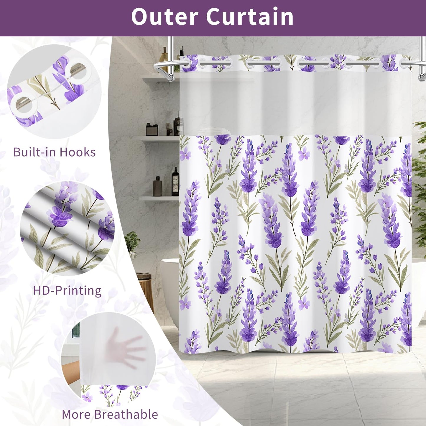 Leowefowa No Hook Shower Curtain and Waterproof Liner Set, Lavender Botanical Bath Curtain, Purple Watercolor Print, Light Fabric Bathroom Curtain with See Through Mesh Top Window, 71x74 Inch