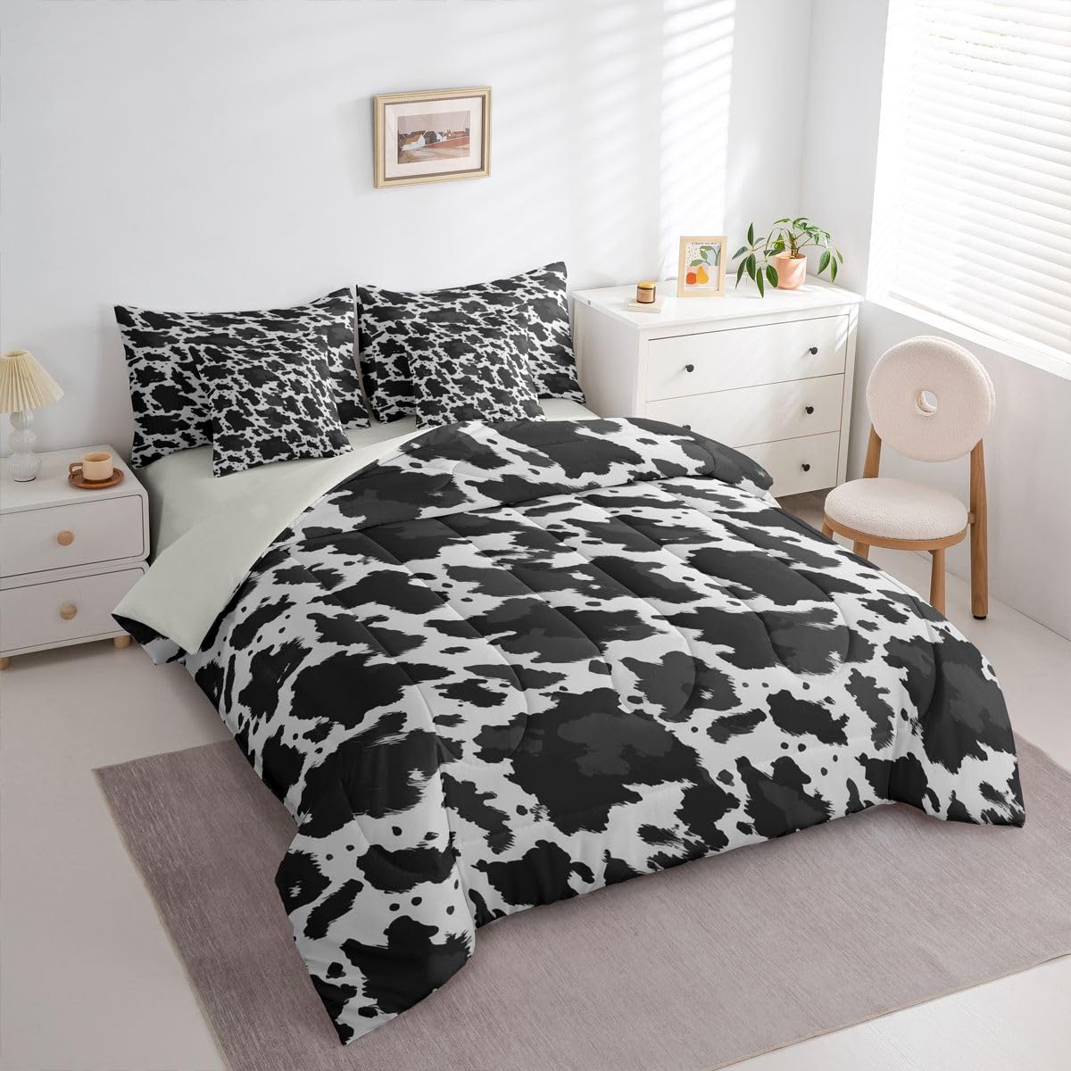 Erosebridal Cowhide Print 7 Piece Bedding Set Full Cow Skin Comforter Set with Sheets Cowboy Farmhouse Watercolors Bed in a Bag Western Animal Fur Pattern for Kids Boys Girls