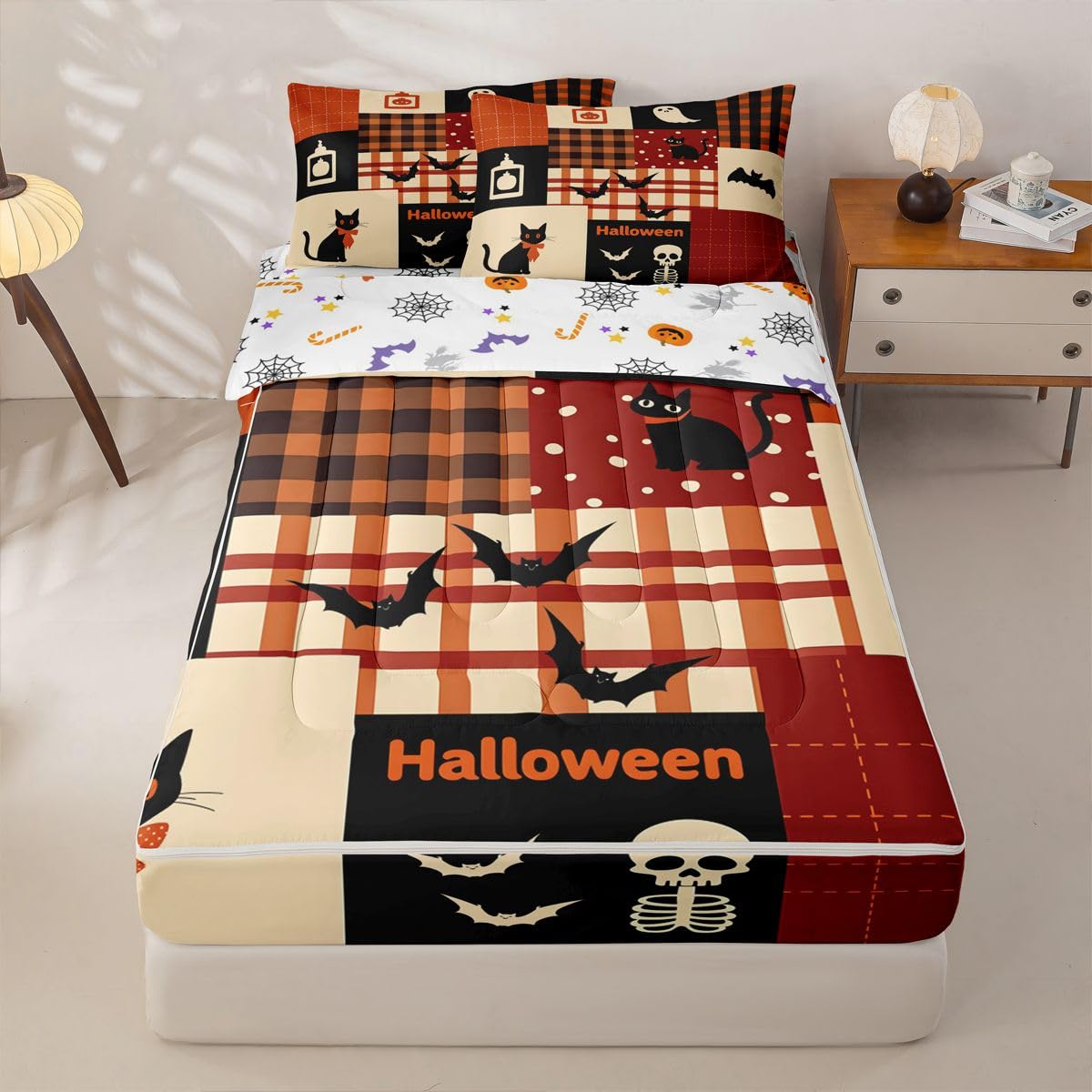 Feelyou Halloween Queen Zipper Bedding Set Pumpkin Kids Comforter Set with Fitted Sheet and 2 Pillowcases Brown Grid Patchwork Bed in a Bag Zip Up Bedding Soft Microfiber