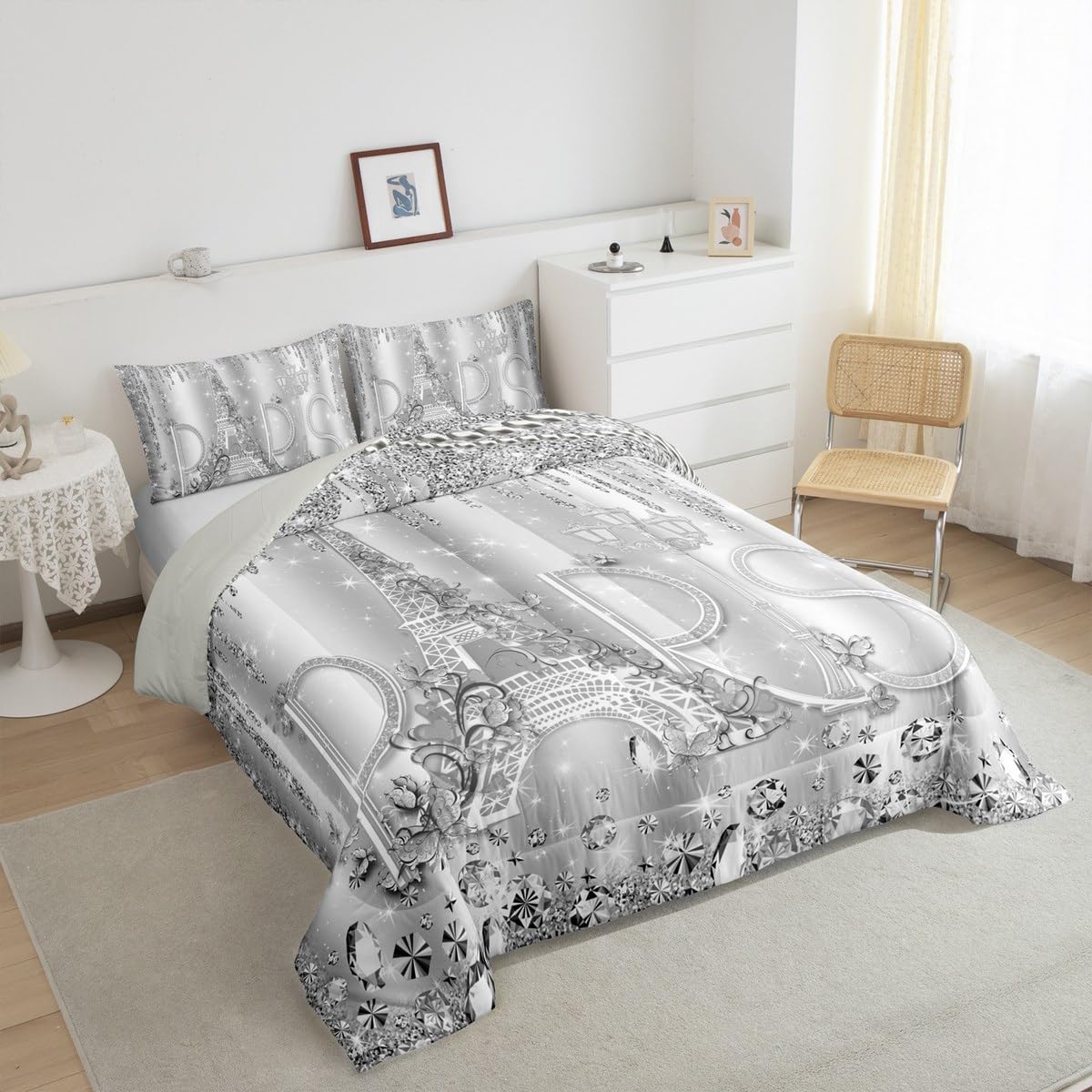 Paris Comforter Set Queen Size Sliver Glitter Diamond Bedding Set 3pcs for Kids Girls Boys Women Room Decor,Romantic Eiffel Tower Quilted Duvet Luxury Pearls and Jewels Duvet Insert,2 Pillowcases