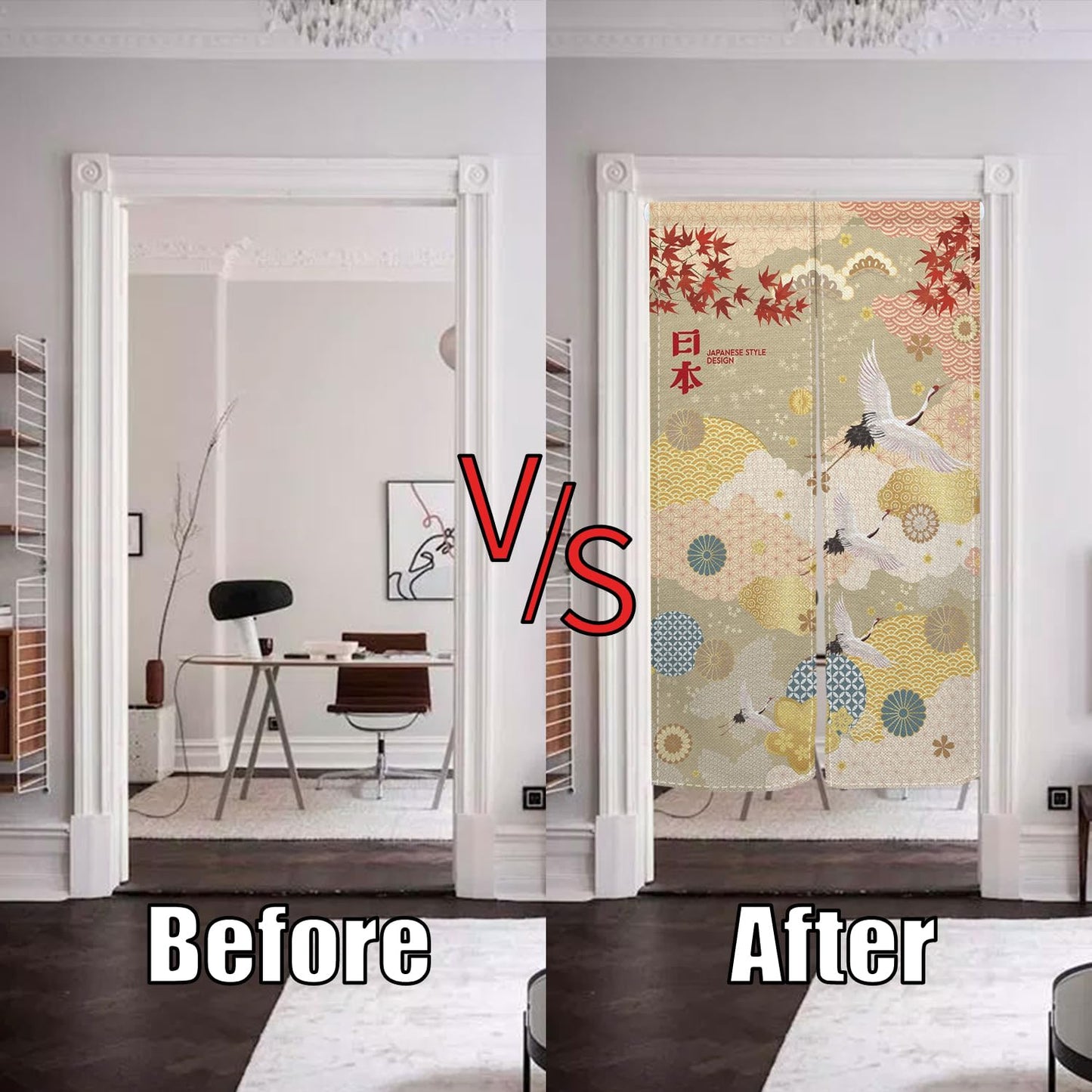 XMJJKUF Long Style Japanese Noren Doorway Curtain Japanese Doorway Curtain Feng Shui Window Treatment Cranes Printed Door Tapestry Polyester for Room Divider Kitchen Home Decor,33.5"x 70.9"