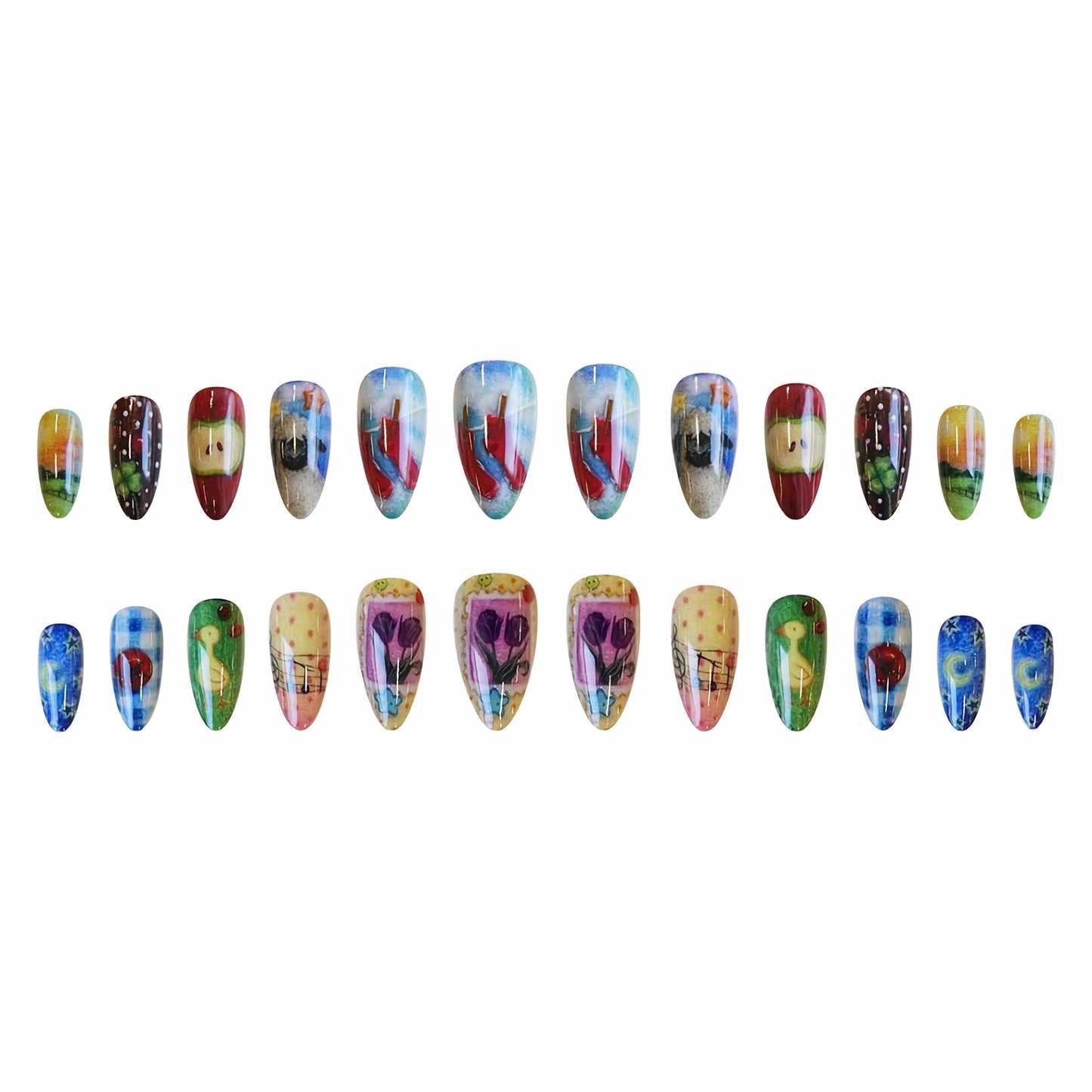 BABALAL Press on Nails Medium Almond Fake Nails Glue on Nails Colorful Acrylic False Nails Anime Print Cute 24Pcs Custom Stiletto Full Cover Artificial for Women Girls