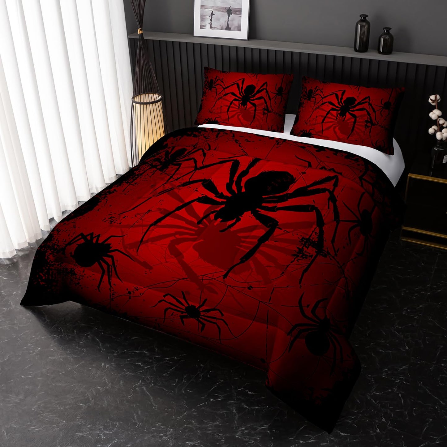 Nttopship Boys Spider Printed Comforter Set Bed in A Bag Twin Size 3PCS Red Bedding Set Cool Black Spider Comforter Set Girls Boys Kids Comforter Bedding Set with 2 Pillowcases
