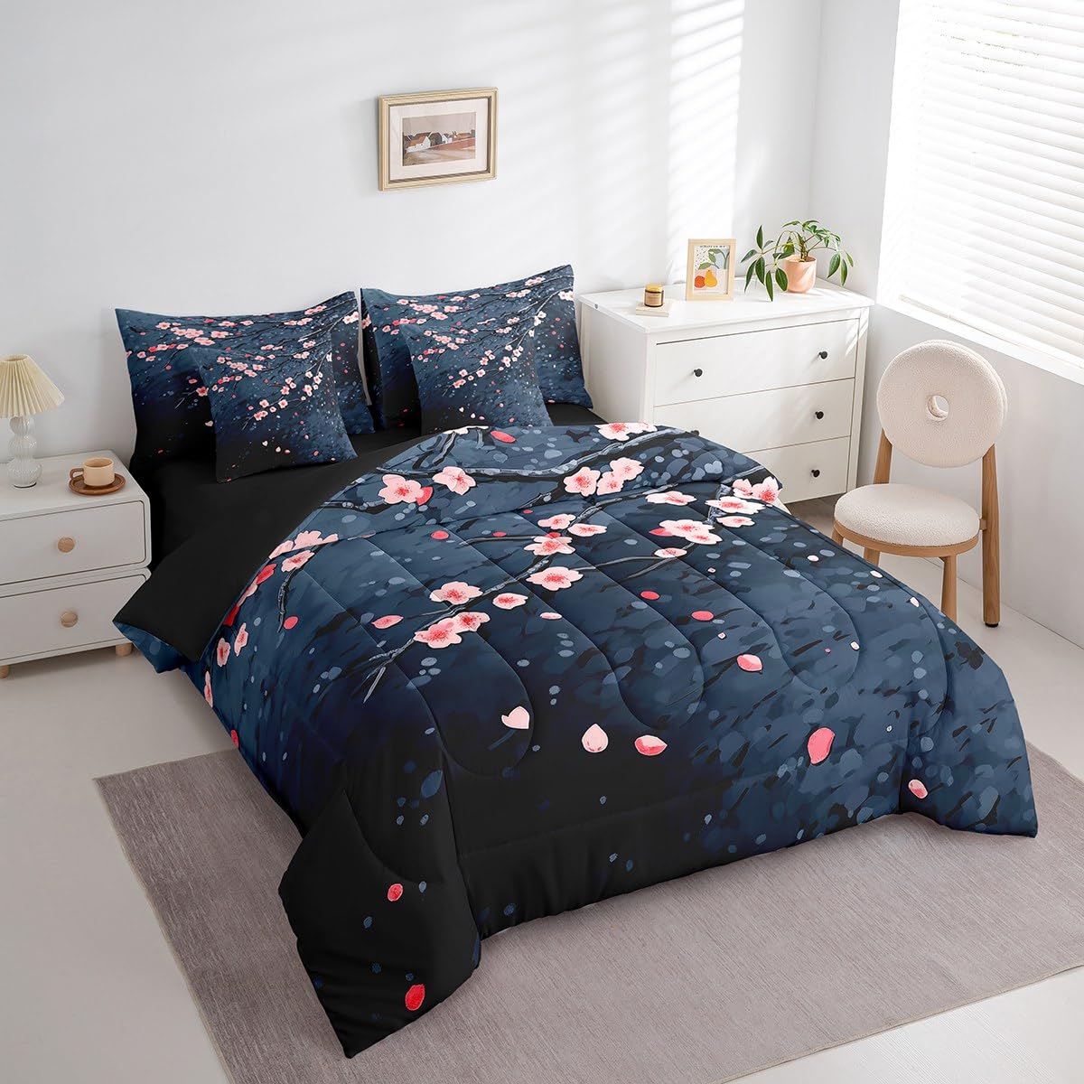 Erosebridal Japanese Cherry Sakura 7 Piece Comforter Set Queen Bed in a Bag,Pink Blossom Bedding Set for Kids Teens Boys Girls,Floral Branches Quilt Duvet,Dark Blue Reversible Sheet Set