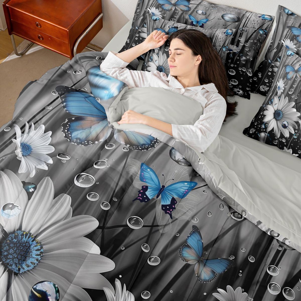 Erosebridal Butterfly 7 Piece Bedding Set Queen Daisy Comforter Set with Sheets Water Droplets Flower Stem Farmhouse Bed in a Bag Fog 3D Floral Blue Butterflies for Kids Boys Girls