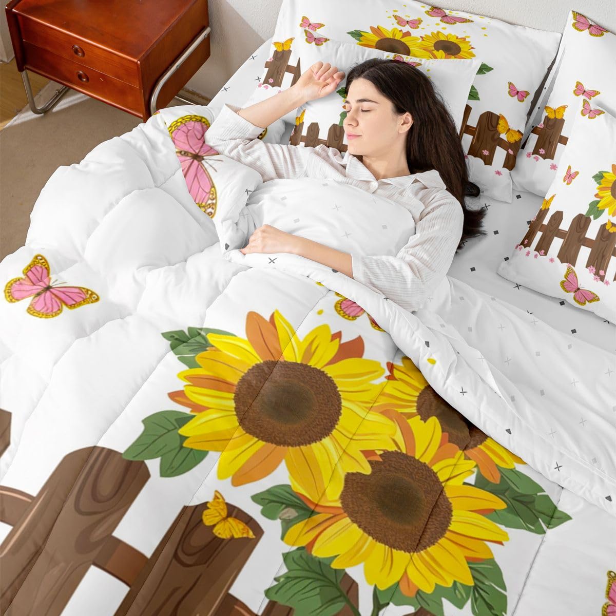 Erosebridal Butterfly 7 Piece Bedding Set Twin Sunflower Comforter Set with Sheets Wooden Fence Cute Hand Drawn Florals for Kids Boys Girls Petals Pink Butterflies Farmhouse Bed in a Bag