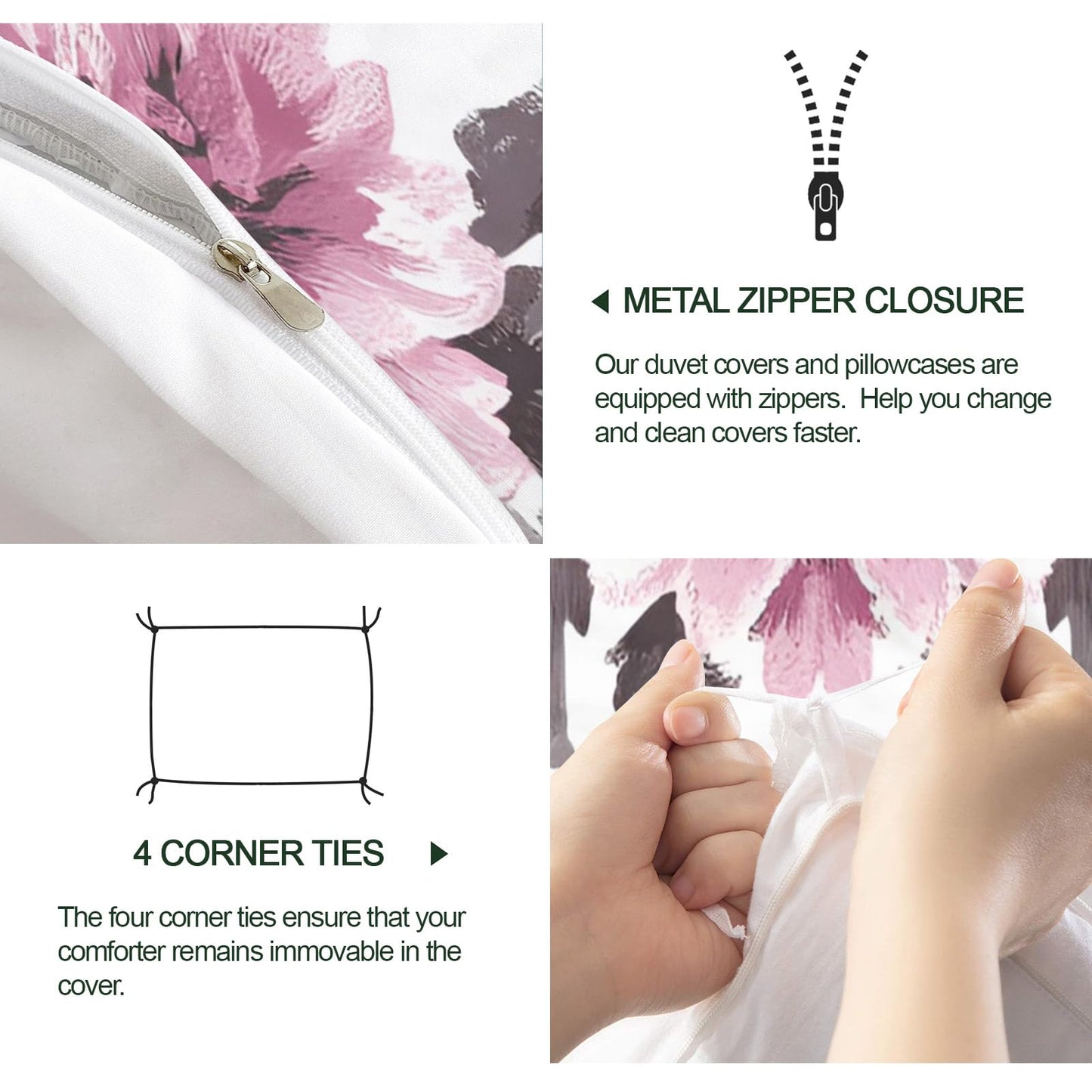 ZAMODE Vintage Floral Duvet Cover 120" x 98", Retro Pink Flower Bedding Set, Rustic Farmhouse Comforter Cover with Zipper Ties