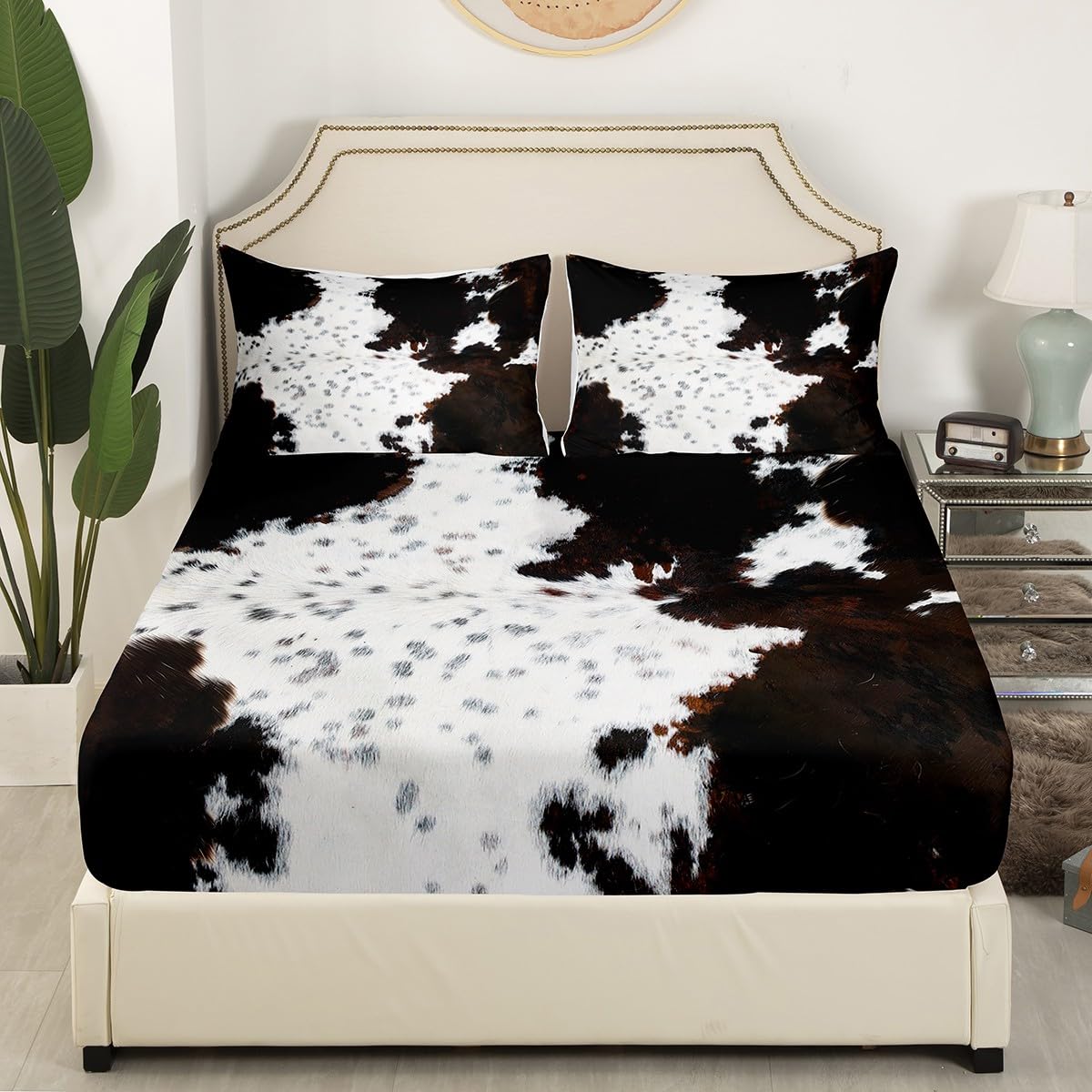 Abstract Cow Fur Print Fitted Sheet Full Size, White Brown Cowhide Print Bedding Set(No Top Sheet), Animal Skin Print Bed Cover with 2 Pillowcases, Kids Boys Girls Room Decor, Soft Polyester Bedding