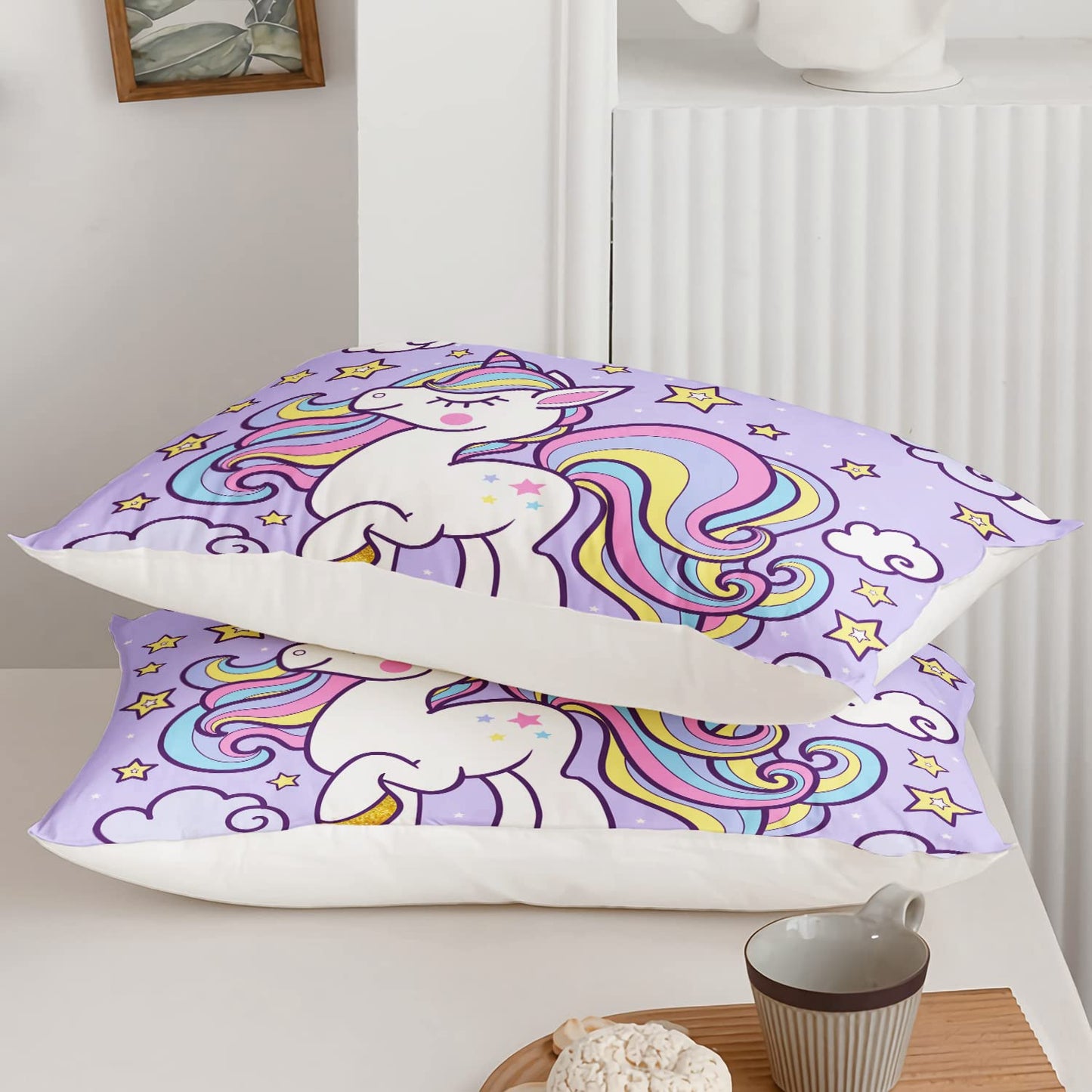 Axolotl Rainbow Unicorn Bedding Set Twin,Purple Unicorn Kids Comforter Sets with Stars Cloud for Girls,1 Quilt with 2 Pillowcases for Girls Kids Teens Children Adults Bedroom Decor All Season