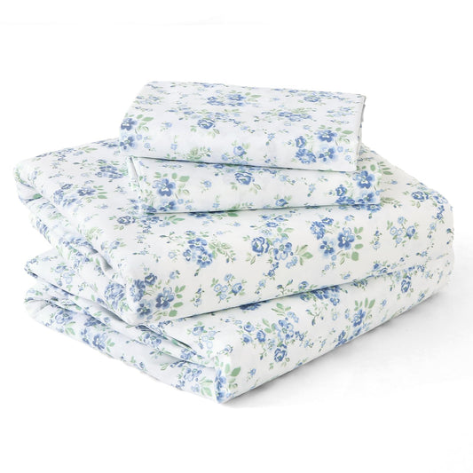 MUXHOMO Full Size 4 Piece Sheet Set, Soft Breathable Bed Sheet Set for Bedroom with Deep Pocket Up to 16", Wrinkle-Free & Cooling Bedding for Oeko-TEX Certified - Blossoms Light Blue