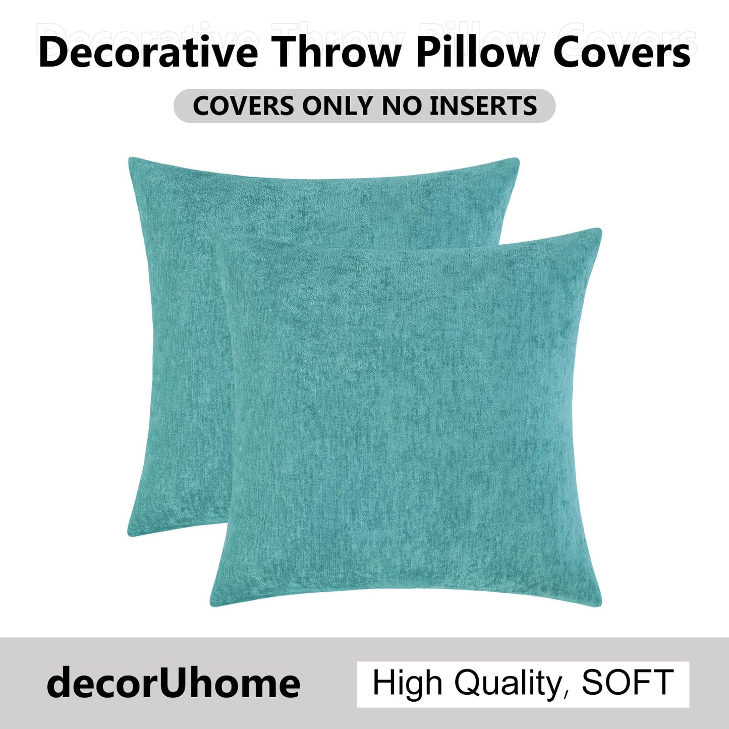 decorUhome Chenille Turquoise Summer Throw Pillow Covers 18x18 Inch Set of 2, Decorative Soft Couch Pillow Covers Solid Dyed Accent Farmhouse Neutral Square Pillow Cases for Sofa