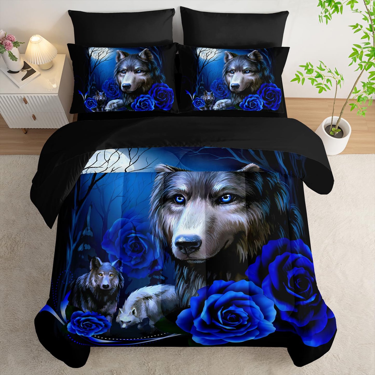 Tuzaovy Wolf Comforter Set 7 Piece Twin Size Bed in A Bag,Animal Bedding for Room Decor,Soft Wolf Comforter Blue Rose Bedding with Fitted Sheet,Flat Sheet, Pillowcases & Shams