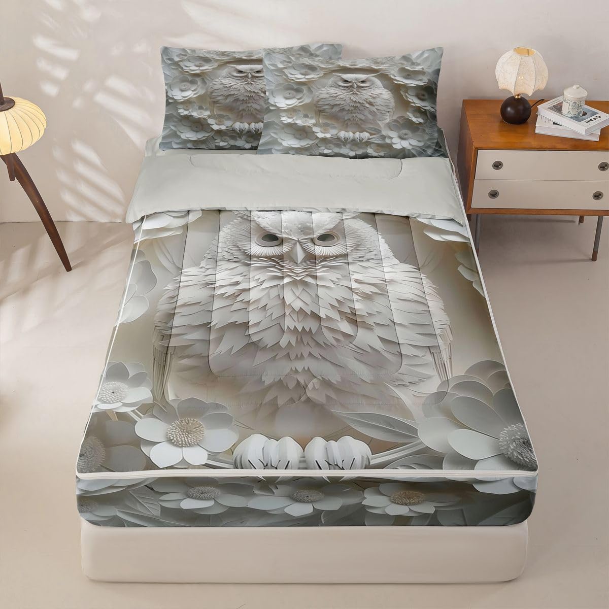 Erosebridal Owl Zip Up Comforter Set 3D Paper Art Twin Zipper Bedding Wild Animal Floral Bed Set with Sheets Aesthetic Boho Bed in a Bag Bedroom Decor