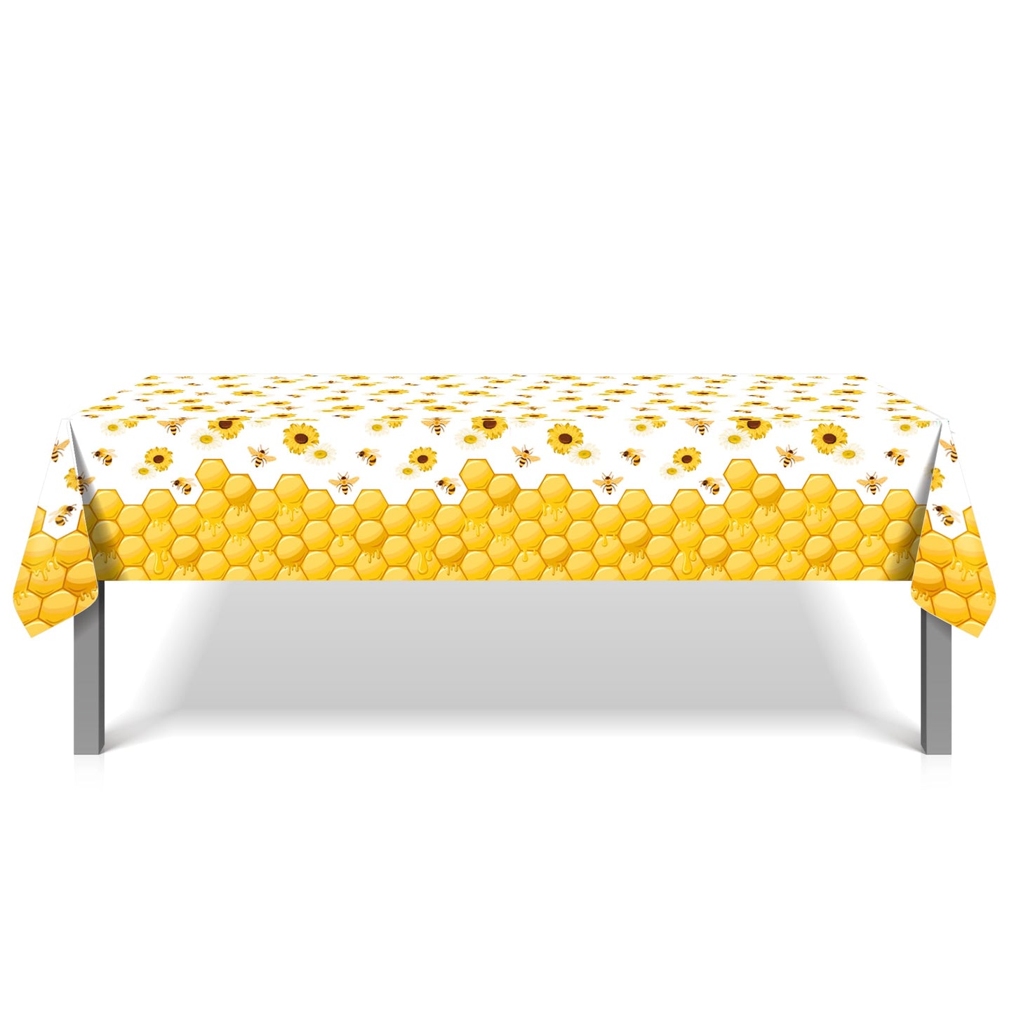 CC HOME 1Pc Bees Party Plastic Tablecloth 54 x 87 Inch Long Table Cover, Honey Sunflower Honeycomb Daisy Party Tablecover for Bee Kids Baby Shower Birthday Dinner Picnic Kitchen Event