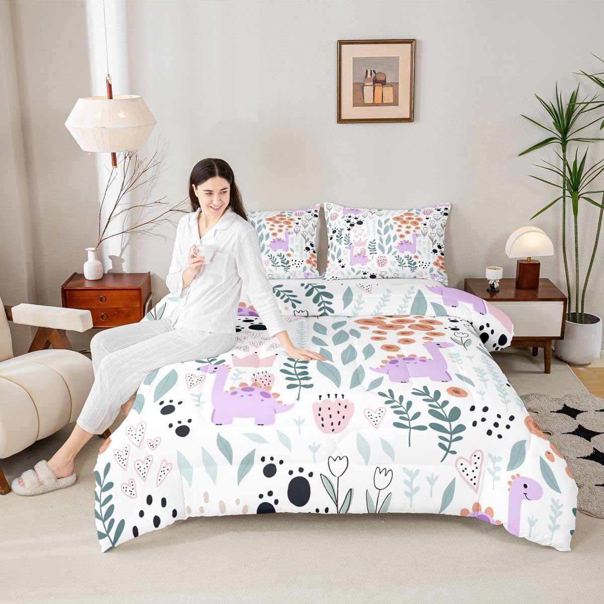 Erosebridal Kawaii Dinosaur Bedding Set Twin,Cartoon Purple Dino Comforter Set for Kids Girls Boys,Cute Love Heart Leaf Flower Comforter Set,Paw Print Wild Animals Quilt Bed Set with 1 Pillow Case