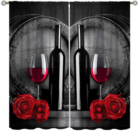 Fblifil Vintage Wine Curtain Farmhouse Dark Mysterious Casks Rose Wine Bottle Printed Rod Pocket Window Treatments for Bedroom Living Room Home Office Bar Decor 42" W X 45" L