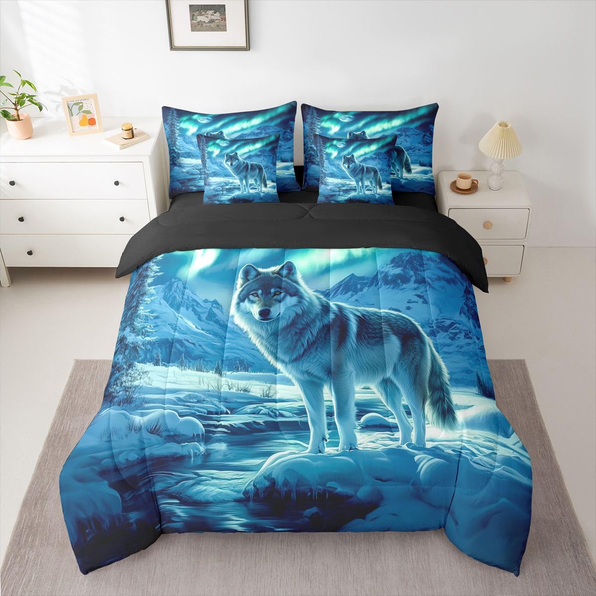 Feelyou Wolf Comforter Set with Sheets 7 Piece Queen Size Wolves Howling Bed in a Bag Kids Boys Girls Western Farmhouse Bedding Set Wild Animal Bedroom Decor Breathable Soft Microfiber
