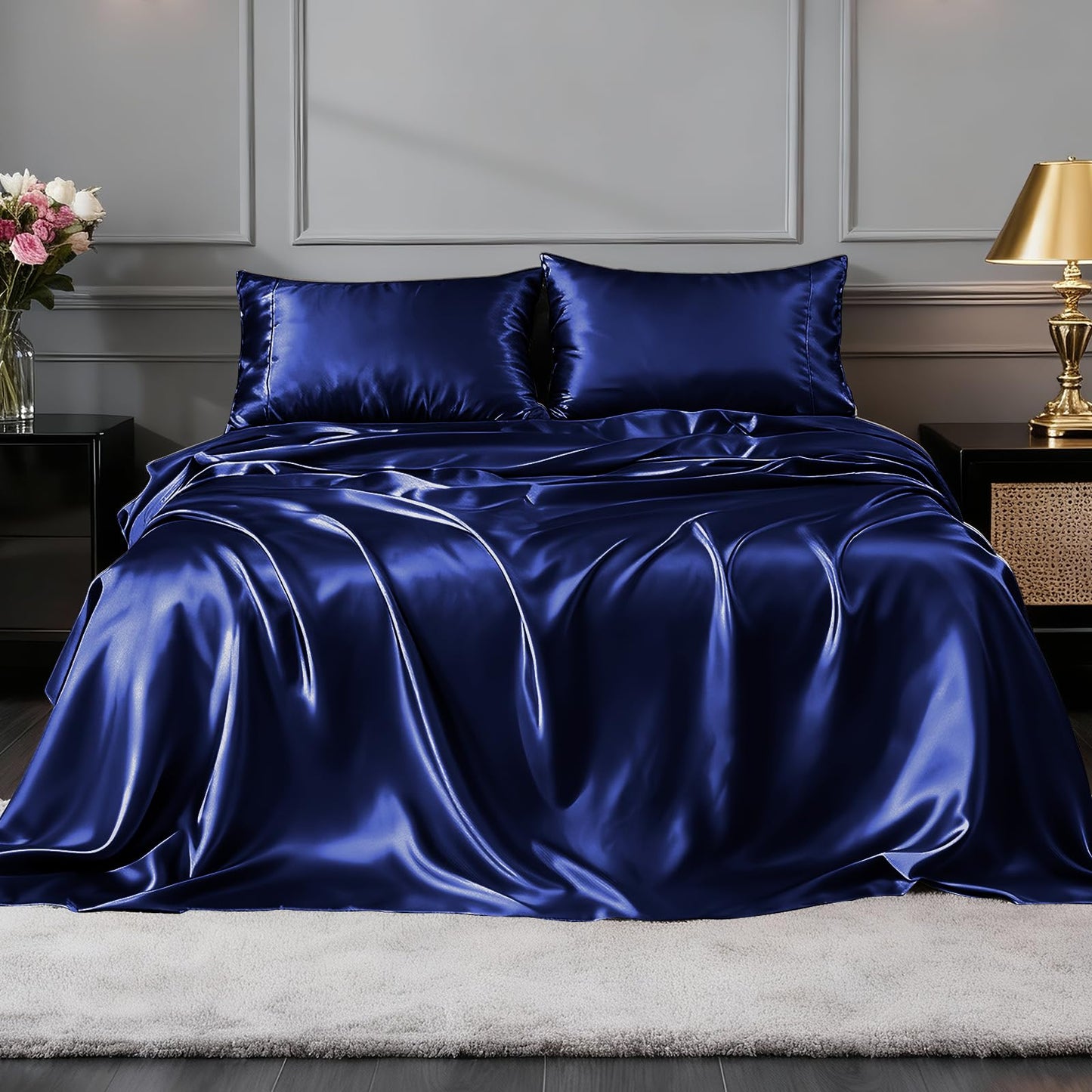 FreshCulture Satin Sheets Full Size - 4 Piece Luxury Soft Silky Full Size Bed Sheets, Similar to Silk Bed Sheet Set with 1 Deep Pocket Fitted Sheet, 1 Flat Sheet & 2 Pillowcases (Navy)