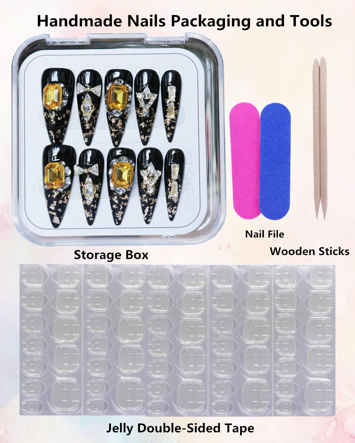 CAMILCY Luxury Handmade Press on Nails Black Gold Stiletto Glossy Reusable Long Fake Nails with Gold Foil Salon Quality Elegant Acrylic Artificial Nails for Women 10pcs (A020, M)