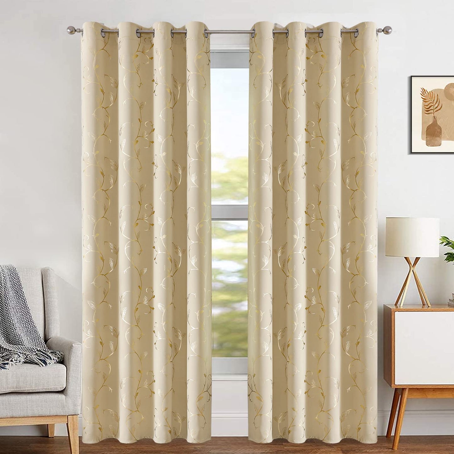 BUHUA Blackout Curtains Gold Foil Print Flower Vine Grommet Drapes, Room Darkening Thermal Insulated Curtains, Noise Reducing Blackout Curtain for Bedroom, Beige, 52Wx63L, 2 Panels