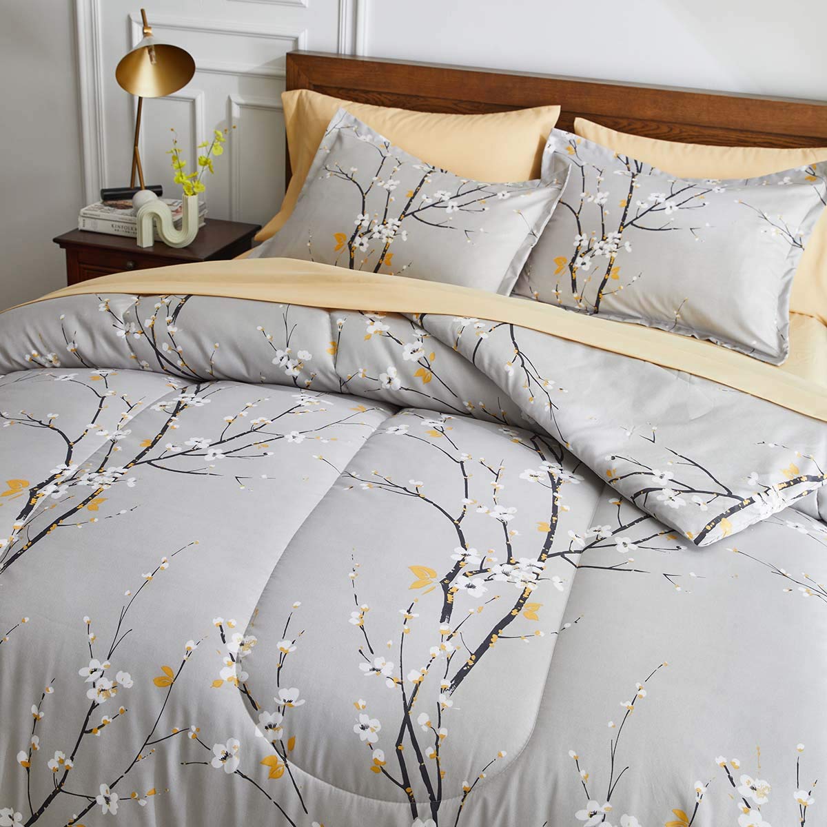 Gray Comforter Sheet Set Bed in a Bag 6 Pieces Twin Size Tree Branch Bloom Flower Spring Summer Bedding Set (1 Comforter 2 Pillow Shams 1 Tan Flat Sheet 1 Fitted Sheet 1 Pillowcases)