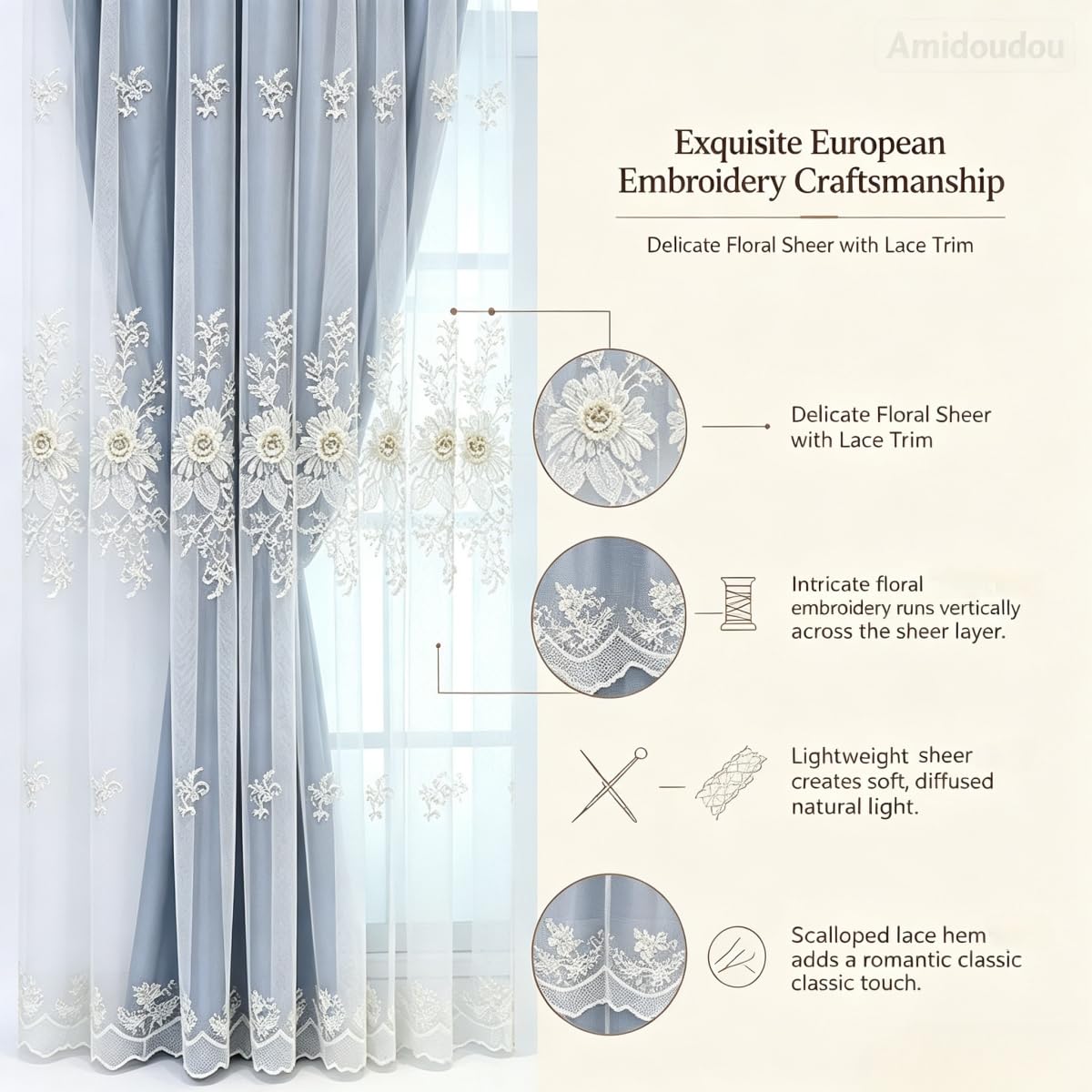 Amidoudou 1 Pair Luxury European Curtains with Valance for Living Room Bedroom Double Layer Embroidered Blackout Curtains (Dark Blue,51x96 Inch)