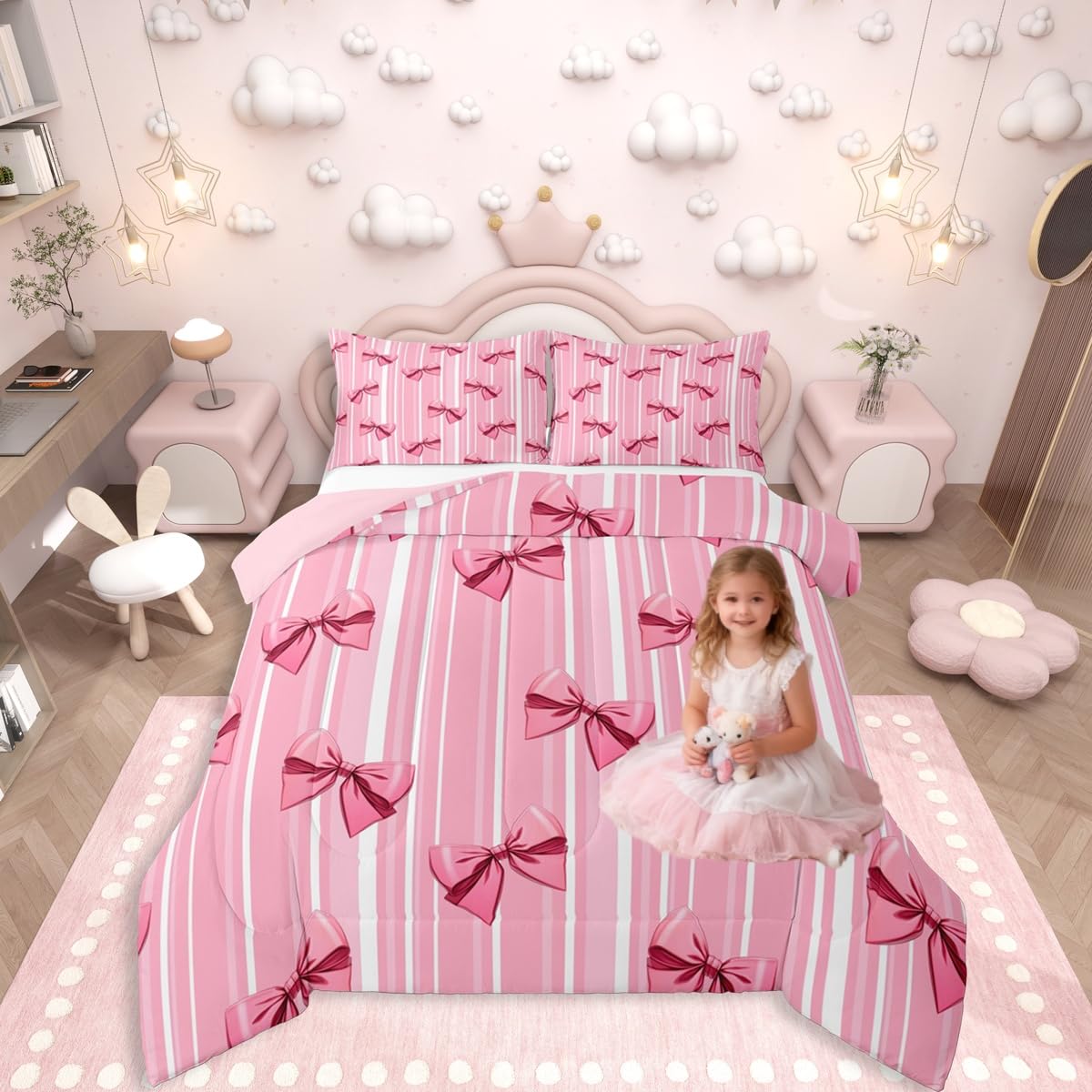 Erosebridal Pink Bowknot Bedding Set for Girls Bedroom, Dreamy Princess Full Size Comforter Set, Cute Bow Girly Down Comforter, Kawaii Stripes Quilt,Lightweight Bedroom Decor