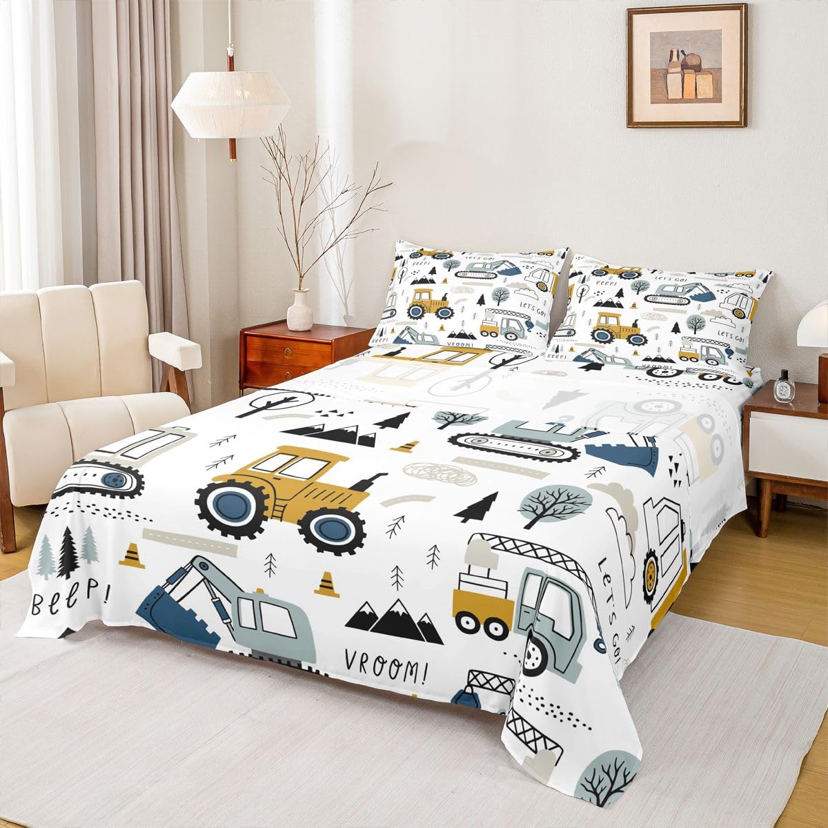 Cartoon Car Kids Sheet Set Construction Bed Sheets Set Decor Equipment Trucks Sheets with Deep Pocket Fitted Sheet Cartoon Car Excavator Tractor White Yellow Bedding Set Bedroom Quilt Cover 4Pcs Full