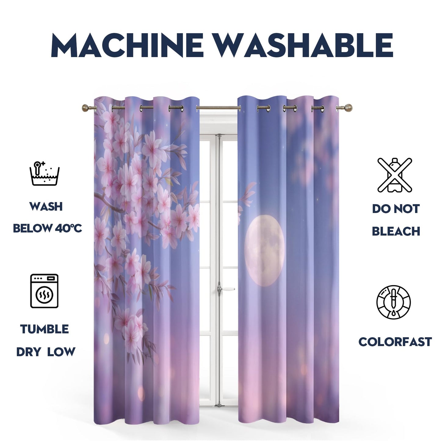 Cherry Blossom Curtains for Kitchen, Romantic Pink Floral Moon 39 Inch Blackout Curtains 2 Panels, Cherry Blossom Room Decor, Thermal Darkening Bedroom Window Drapes 27.5x39, Grommets G/640