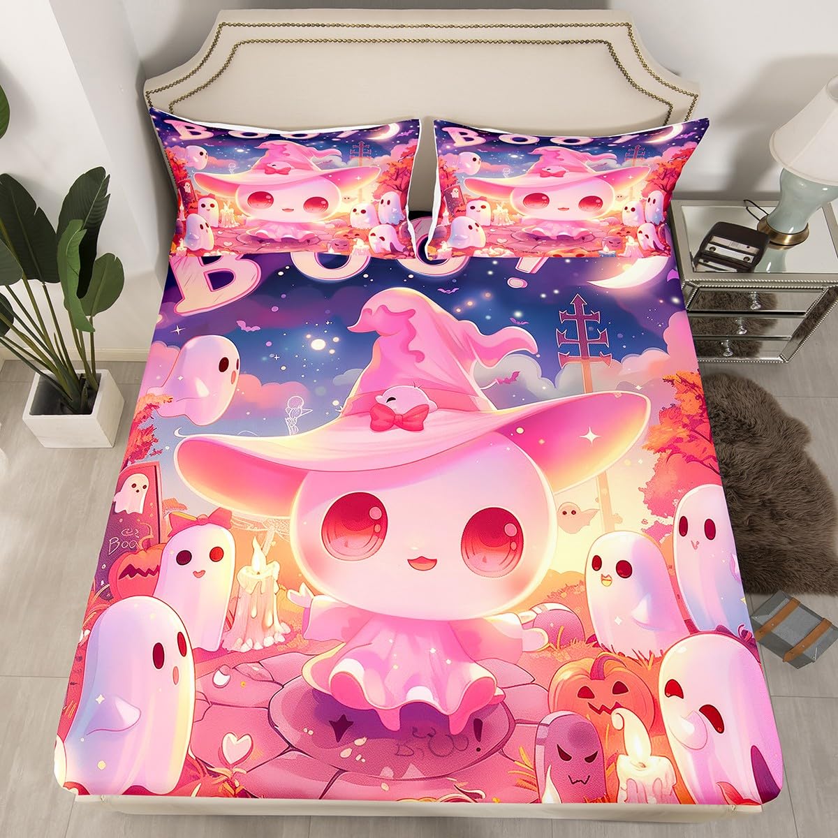 Cartoon Cute Ghost Fitted Sheet,Girly Kawaii Halloween Ghost Bedroon Decor Bed Sheet 3 Pieces Fits Mattress,Dreamy Starry Sky Rustic Pumpinks Decorative Fabric Bedding All-Round Elastic Pocket
