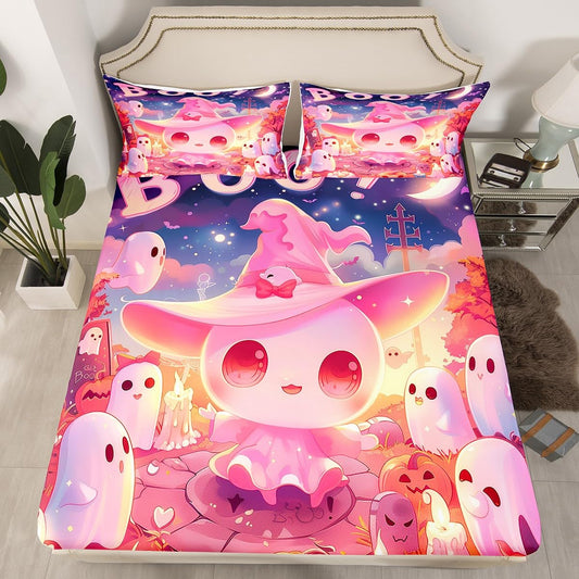 Cartoon Cute Ghost Fitted Sheet,Girly Kawaii Halloween Ghost Bedroon Decor Bed Sheet 3 Pieces Fits Mattress,Dreamy Starry Sky Rustic Pumpinks Decorative Fabric Bedding All-Round Elastic Pocket