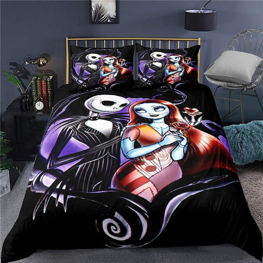 Ankeyoo Nightmare Christmas Bedding Set Valentine's Day Decor Gifts Present Jack Skellington Sally Bed Comforter Cover 1PC Duvet Cover with 2PCS Pillowcases