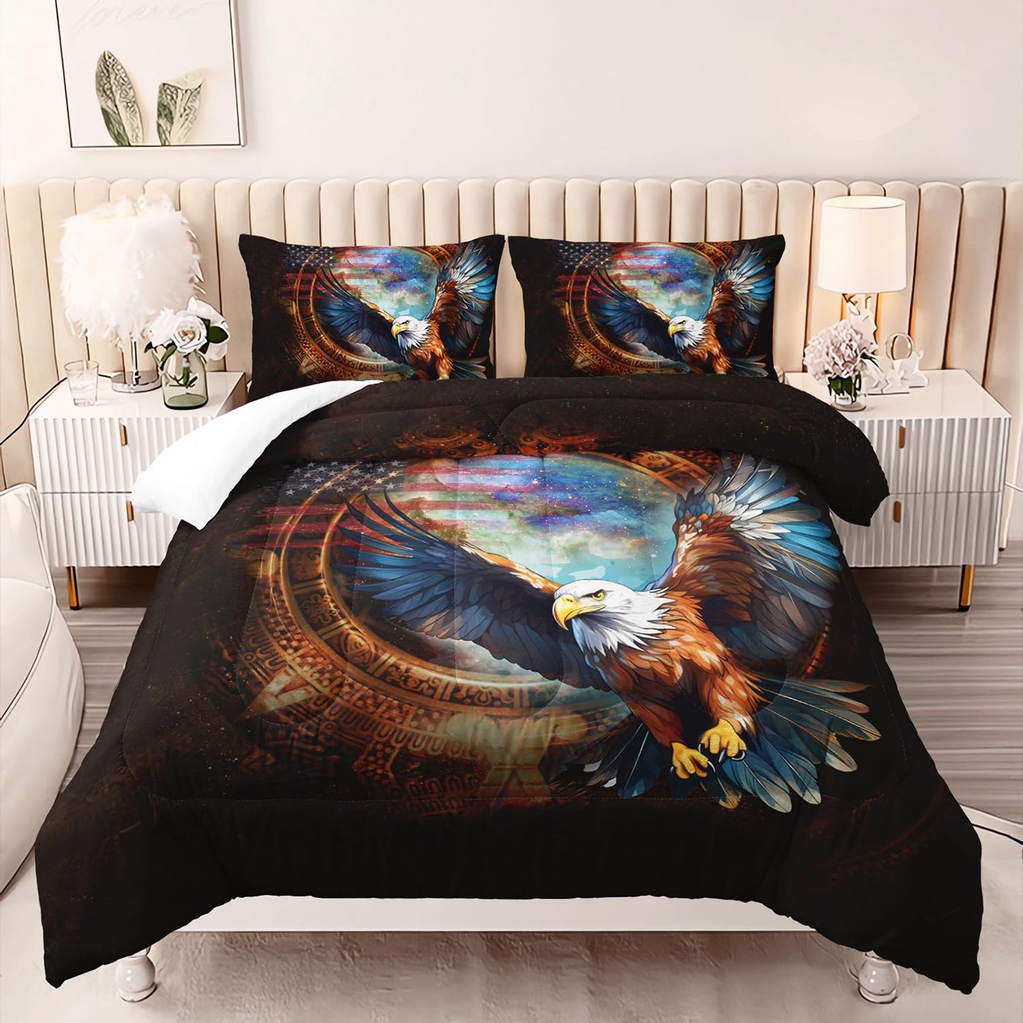 Nttopship Eagle American Flag Comforter Set,3 Pieces Eagle Bedding Queen Size United States Flag Lightweight Down Alternative Comforter 2 Pillowcase All Seasons