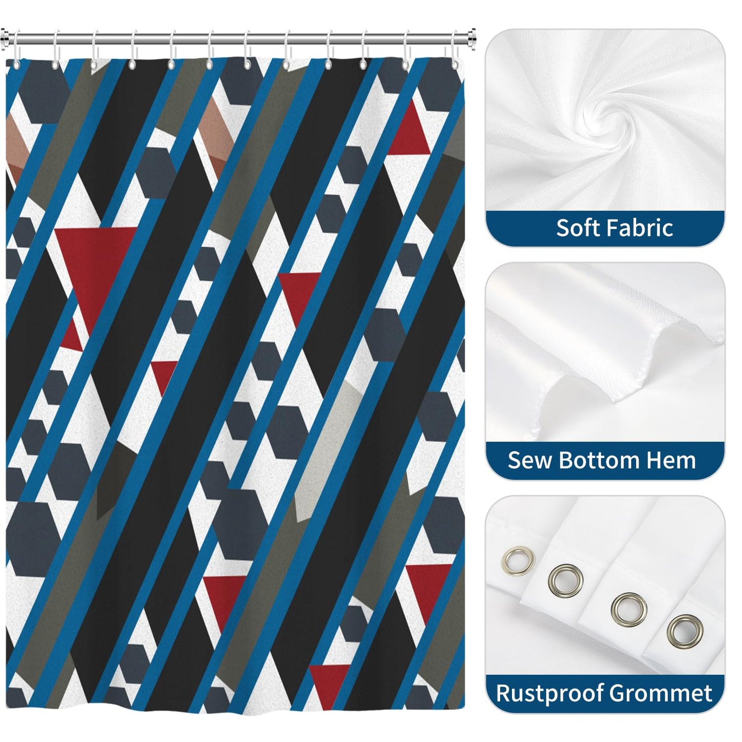 deFouliao Blue Geometric Shower Curtain Abstract Modern Black Red Geometry Art Bathroom Curtain Sets for Bath Home Decor Luxury Hotel, Waterproof Fabric with Hooks, 72x72 Inch