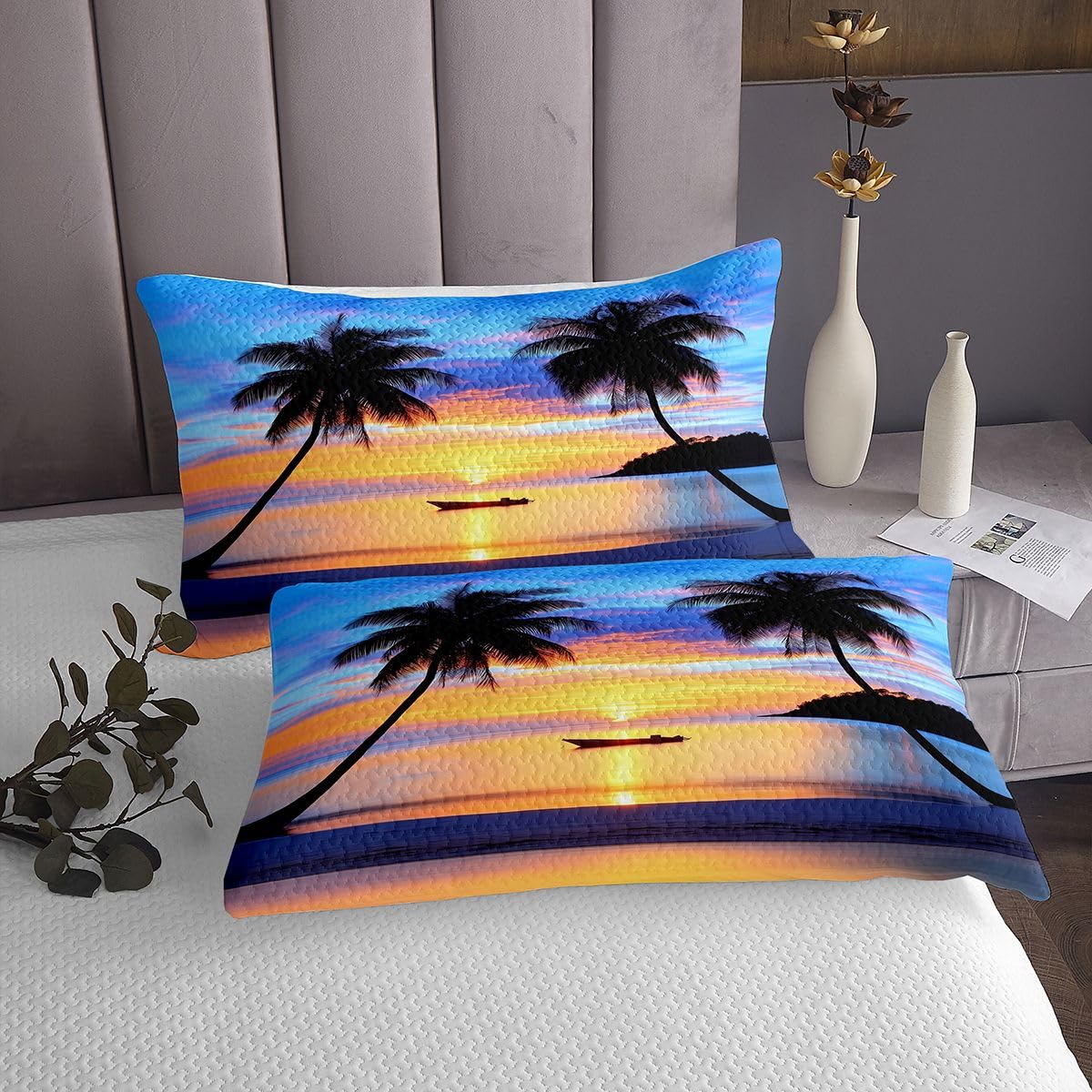 jejeloiu Ocean Sea Bedspread Quilts Sunset Coverlet Set Queen Size for Kids Boys Girls Palm Tree Ship Quilted Coverlet for All Season with 2 Pillowcases Microfiber