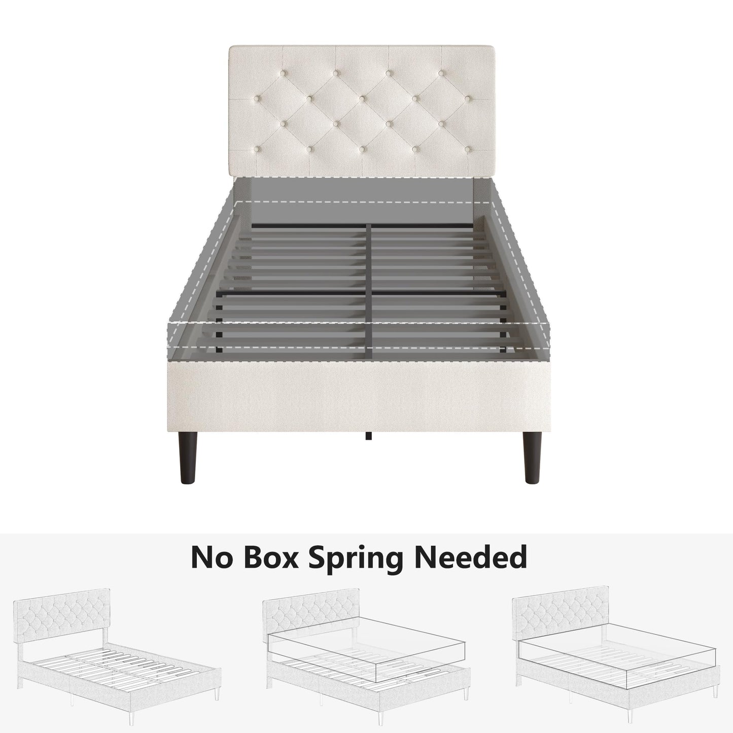 Lullabyre Twin Bed Frames for Kids, Upholstered Platform Bed Frame, Upholstered Bed Frame with Tufted Headboard, No Box Spring Needed, Easy Assemble, White