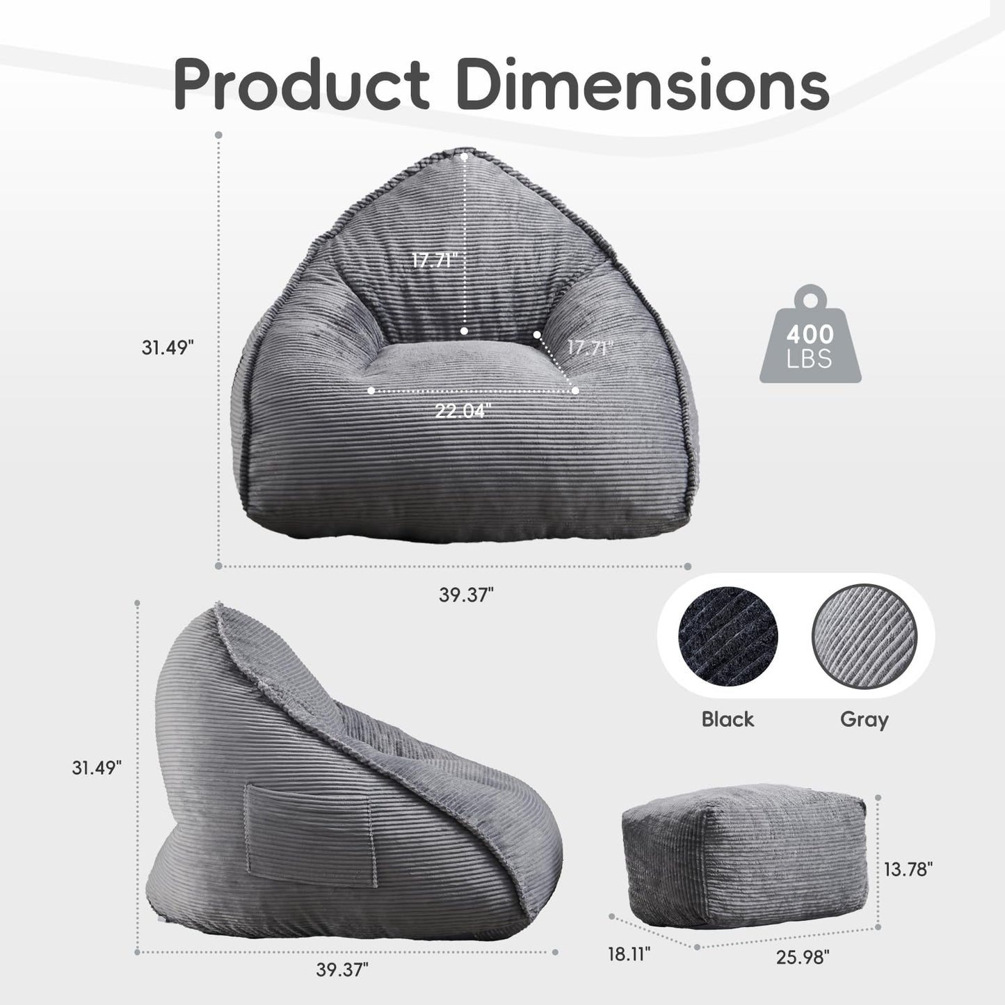 Bean Bag Chair with Ottoman for Adults, Large Corduroy Bean Bag Couch, Boneless Chaise Lounge Reading Chair with High-Resilience Foam, Floor Lounger for Bedroom Living Room (Grey)