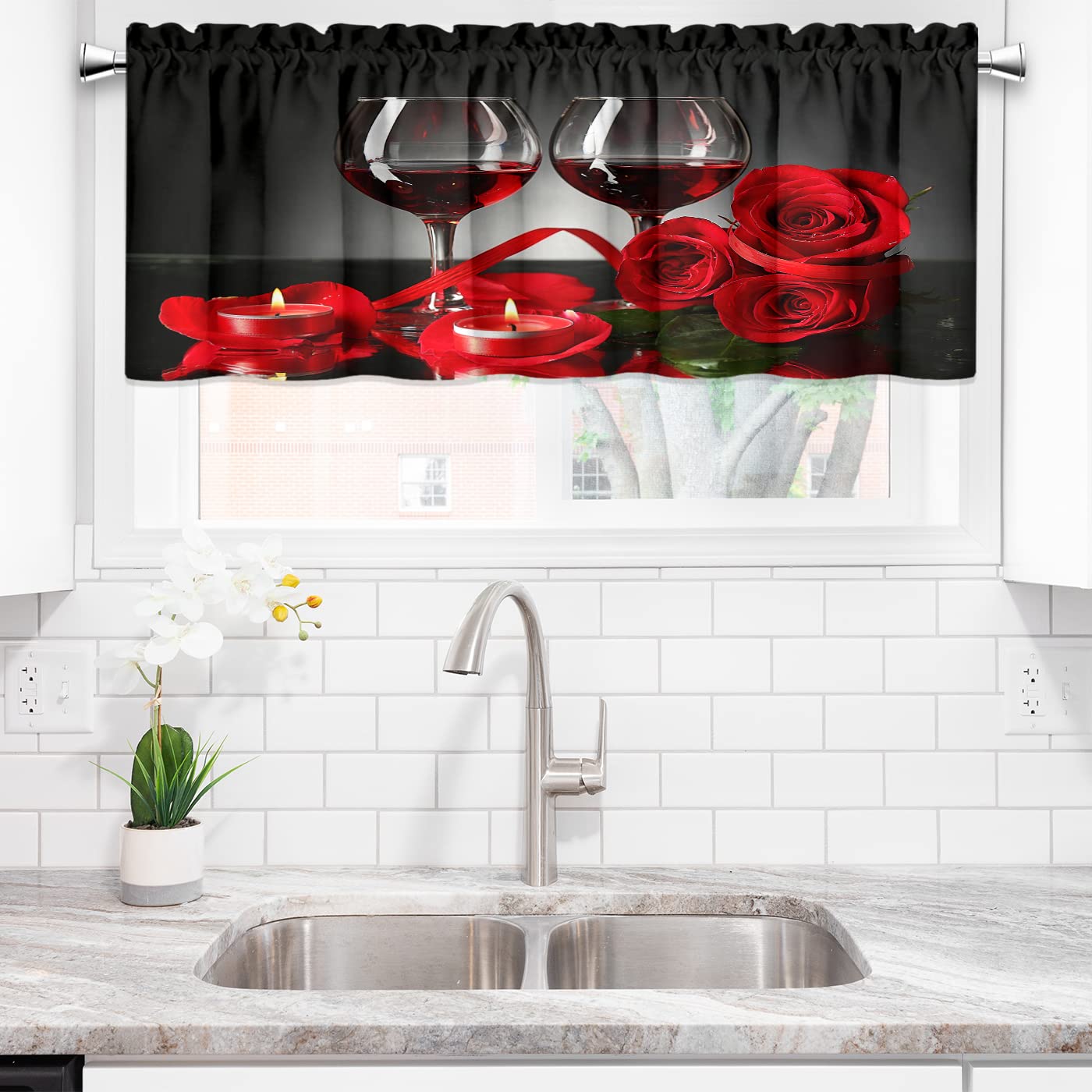 FNLNDO Red Wine Rose Kitchen Curtains and Valances Set 3 Pieces Red Rose Kitchen Curtains Floral Window Treatments for Cafe Living Room