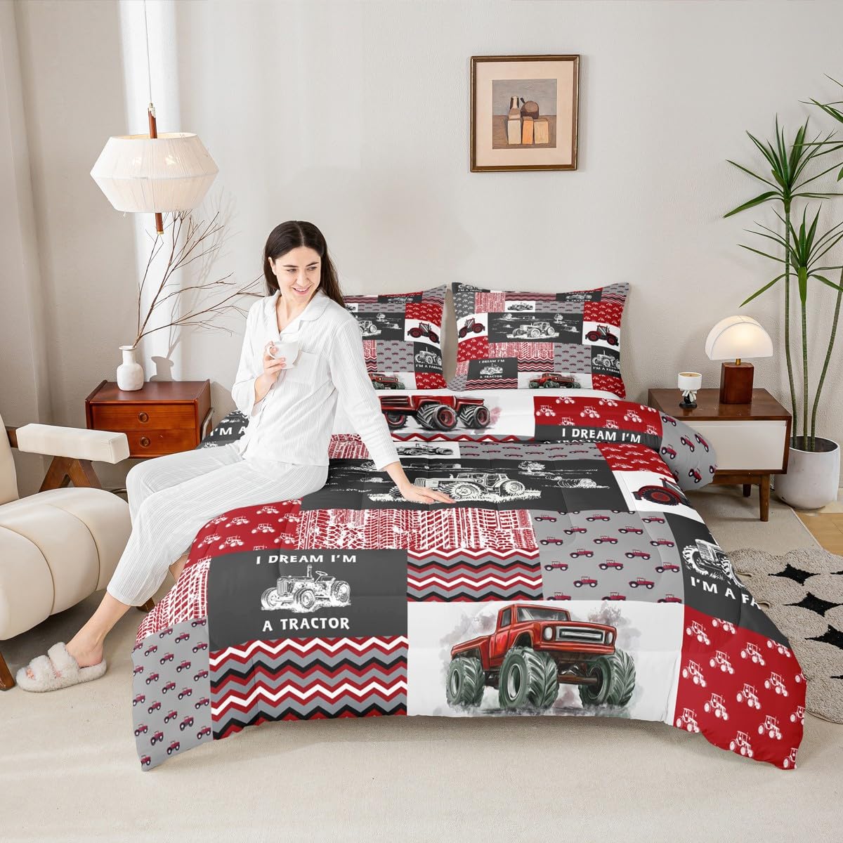 Erosebridal Red Tractor Bedding Set for Boys King,Construction Tractor Comforter Set Kids Teens Equipment Trucks Down Comforter Black White Construction Vehicle Quilt Set Bedroom Decor