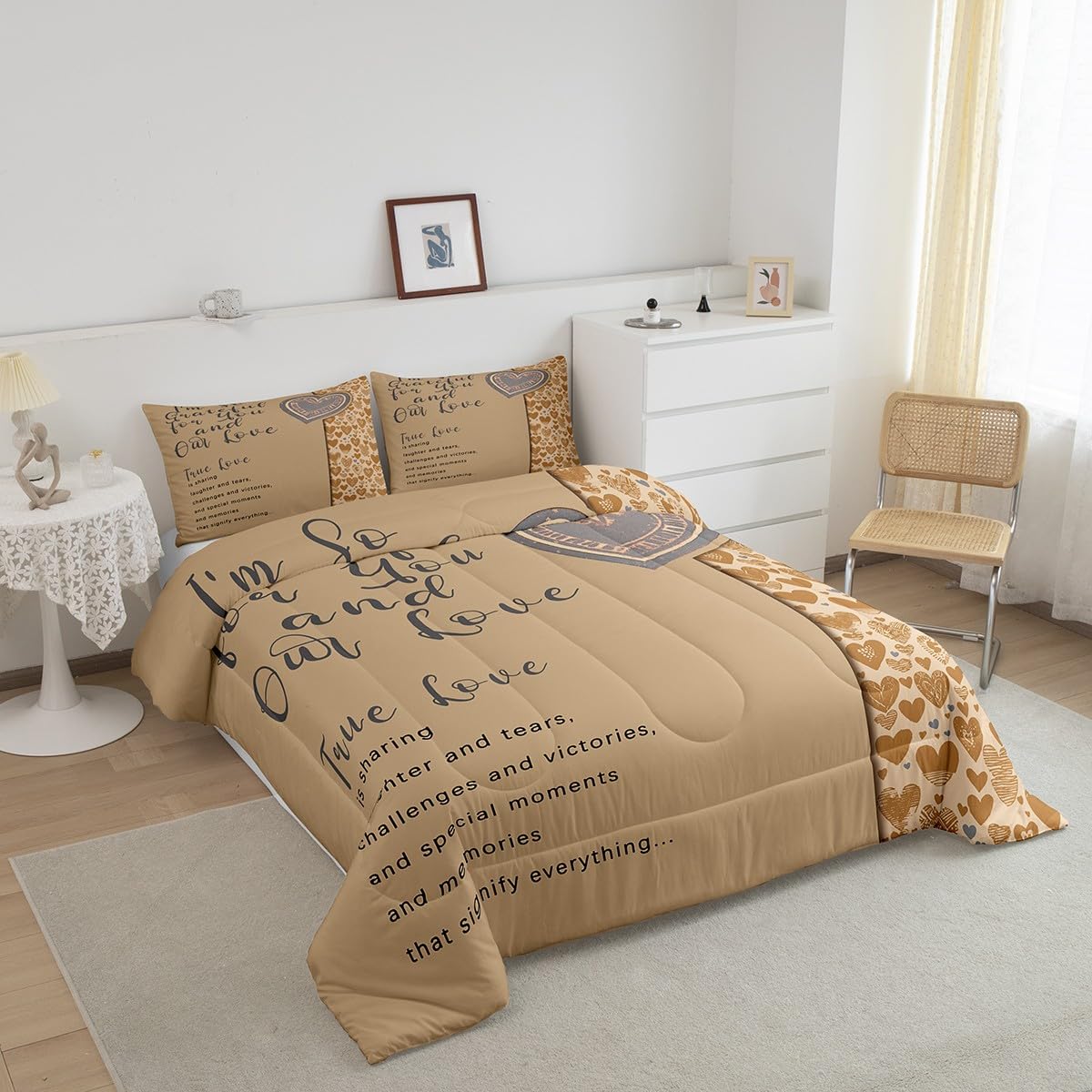 Erosebridal Gray Motto Bedding Queen,Romantic Valentine Gifts Comforter Set for Couple Lover,Love Hearts Down Comforter