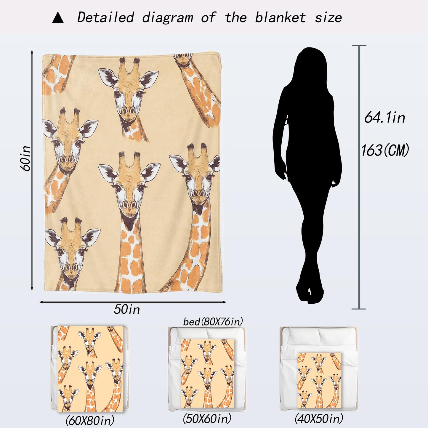 ainori Cute Giraffe Head Blanket - Playful Animal Print Fleece Throw,Gifts for Adult, Soft & Warm,Lightweight, for Modern Art Decor, Safari Lovers,Living Room Home Accents 50x60in