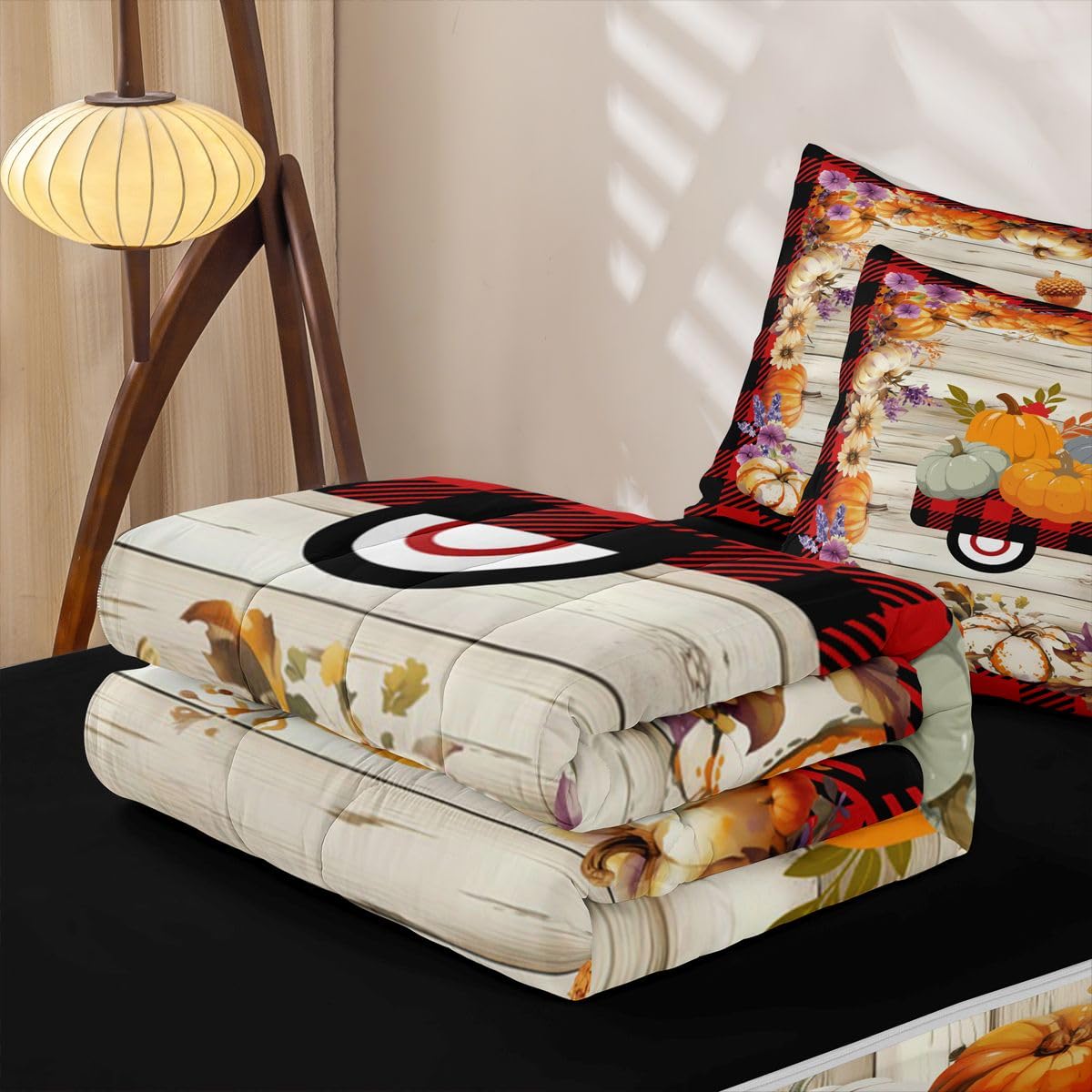 Feelyou Halloween Pumpkin Car Queen Comforter Set with Fitted Sheet Kids Farmhouse Autumn Plants Themed Zipper Bedding Pumpkin Day Zipper Bedding Sets Halloween Style Plaid Print Bed in A Bag