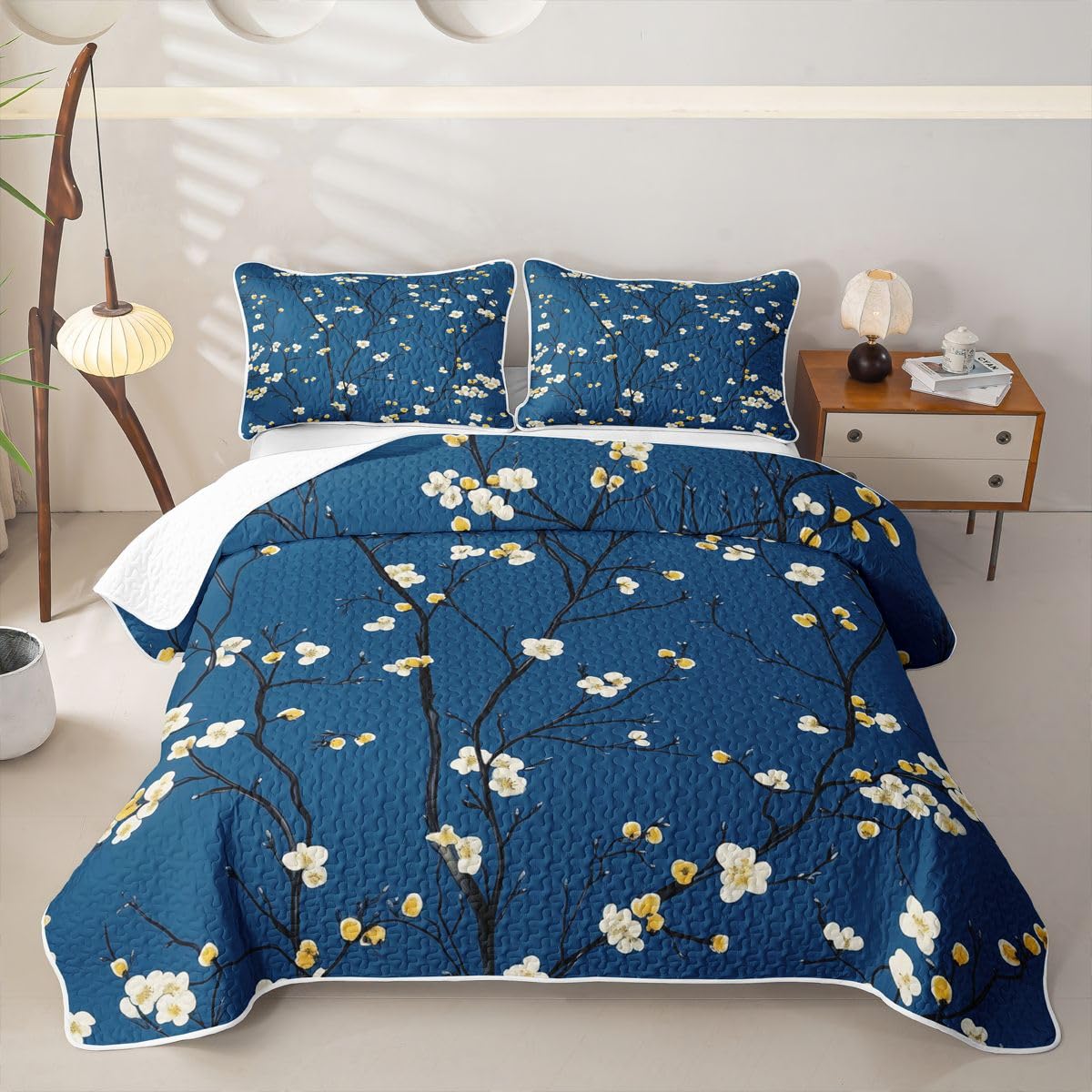 Erosebridal Spring Flowers Quilts Twin Size - Japanese Cherry Blossom Bedspread Coverlet Set, Floral Decor Quilt Coverlets 2Pcs (Only 1 Pillowcase)