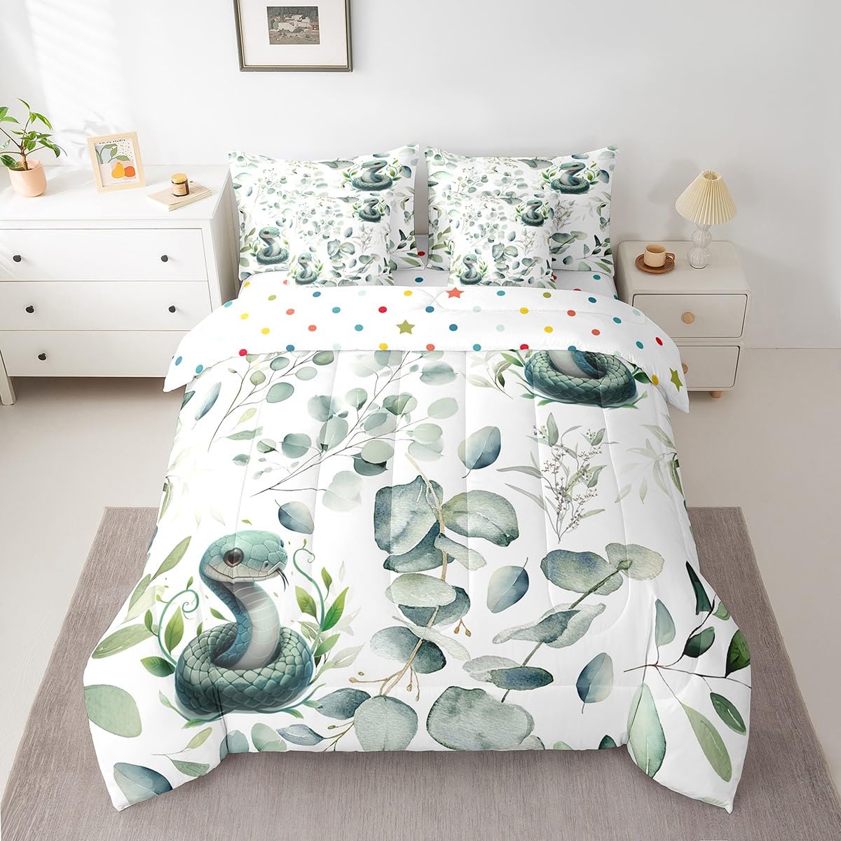 Erosebridal 7-Piece Cute Snake Bedding King for Kids Child Green Eucalyptus Comforter Set, Wild Animal Bedding Comforter Sets Botanical Plant Leaves Bed in a Bag, Cartoon Wildlife Bedding Accessories