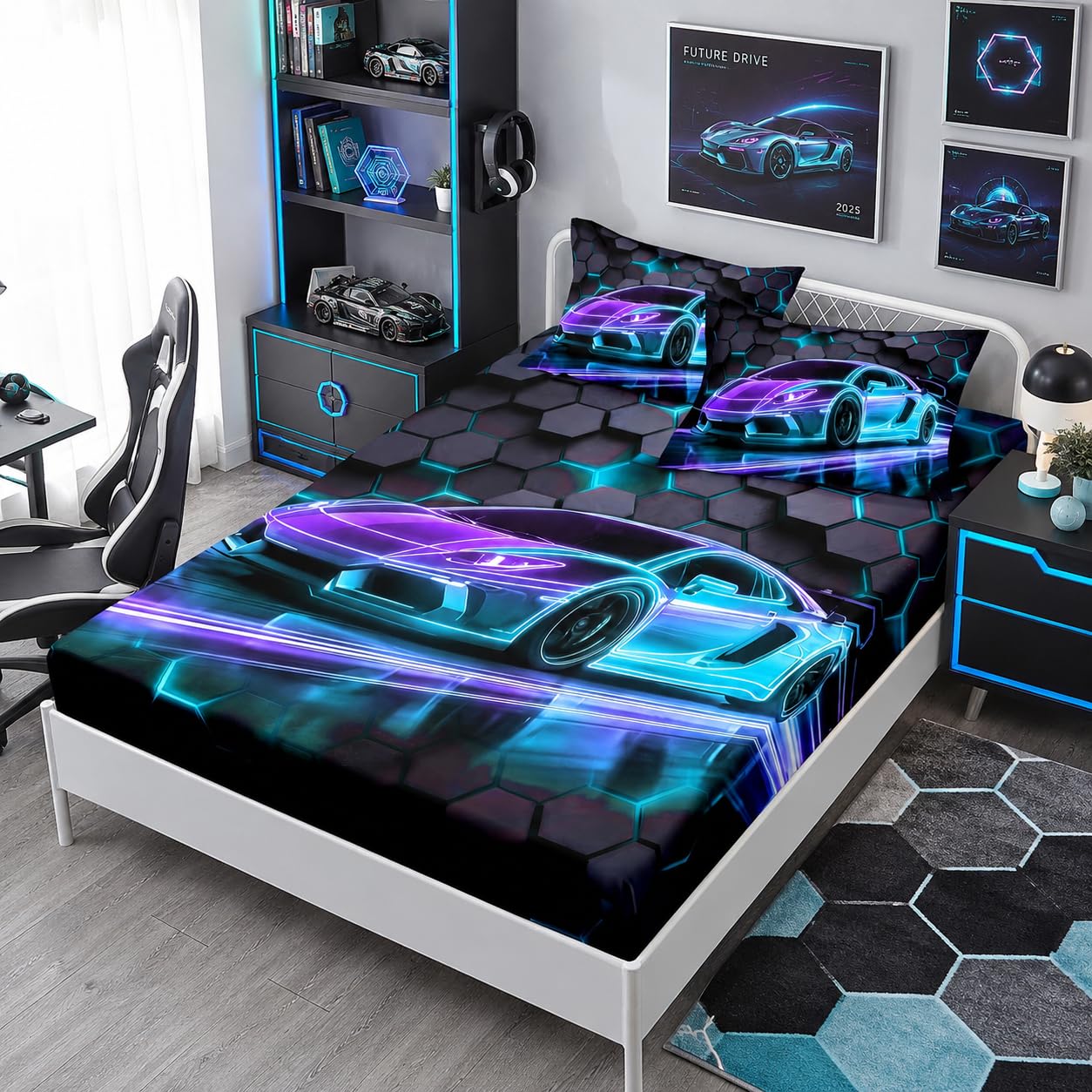 HOSIMA Race Car Bedding Sets Full for Boys,Honeycomb Geometric Background Neon Pattern Cool Extreme Sports Bedding for Kids Men Car Room Decor,1 Fitted Sheet+2 Pillowcases.